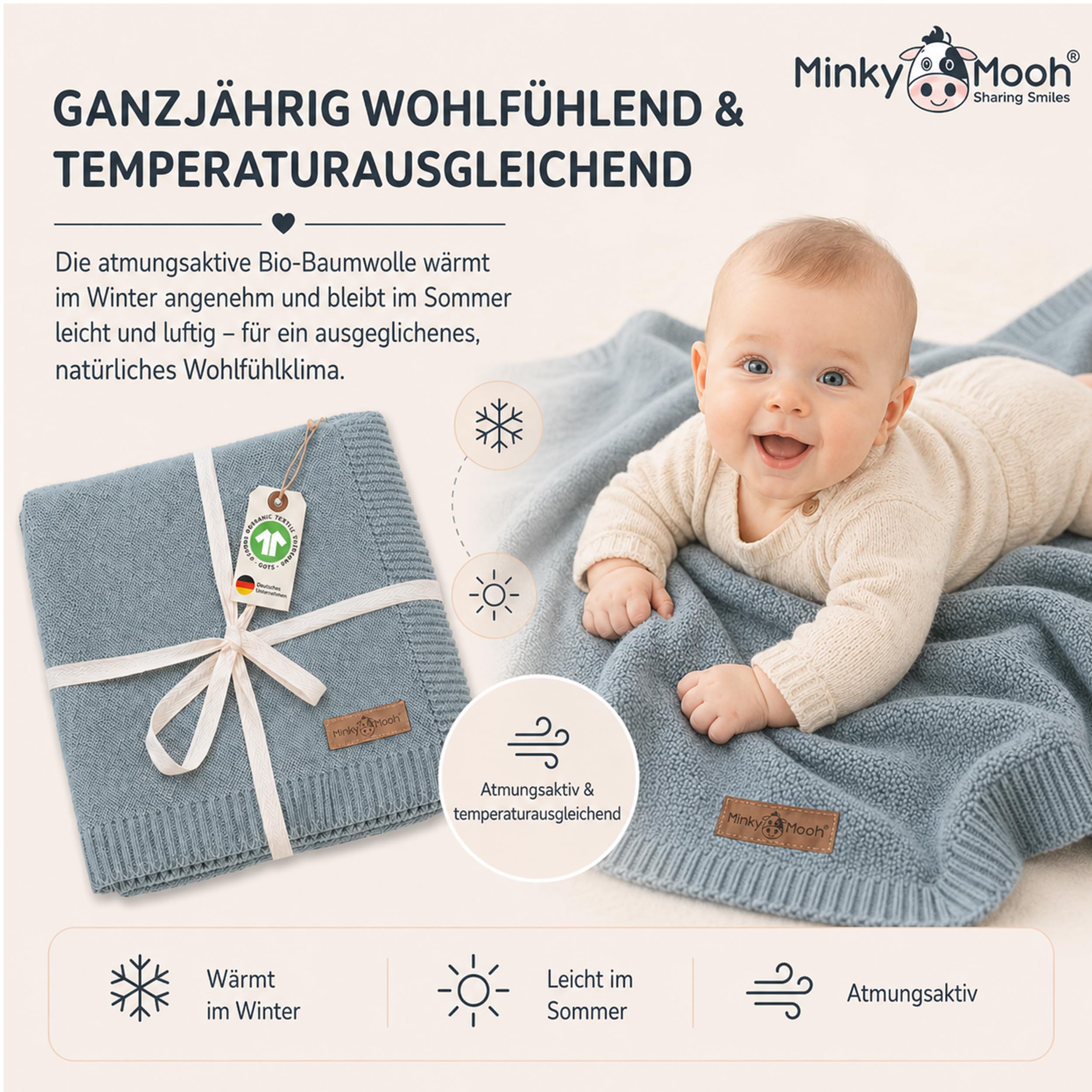 Babydecke aus 100% Bio Baumwolle (Öko-Tex 100) Gr. 94x72cm blau - Baby & Kuscheldecke Geschenk für Neugeborene zur Geburt Erstausstattung - Pucktuch & Baumwolldecke Mädchen & Jungen