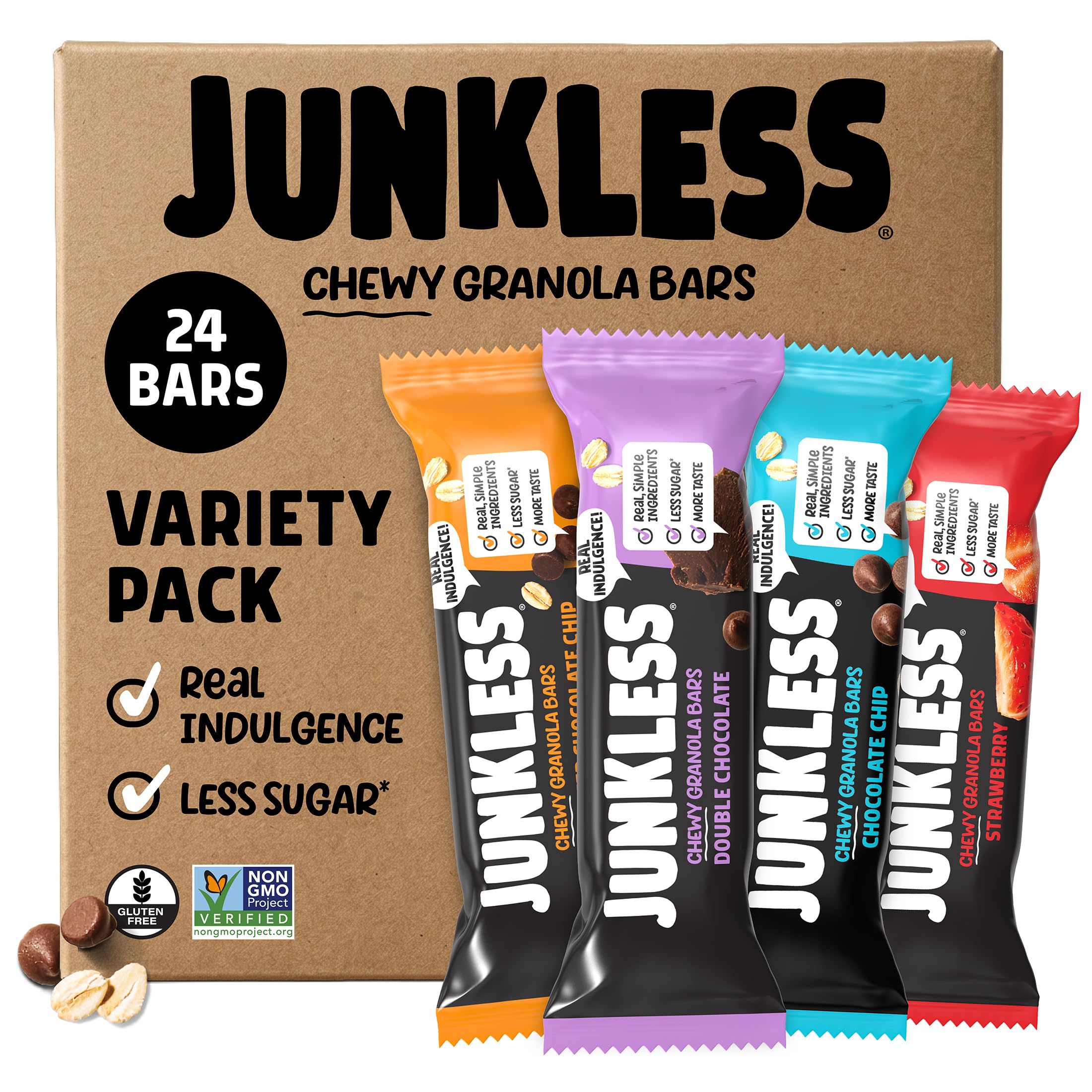 JUNKLESS Fan Favorites Chewy Granola Bars - Bulk Variety Pack, Gluten-Free, Non-GMO, Lower Sugar, Healthy Snacks for Kids & Adults, 4 Boxes (24 Bars) (Variety) Fan Favorites 24 Count (Pack of 1)