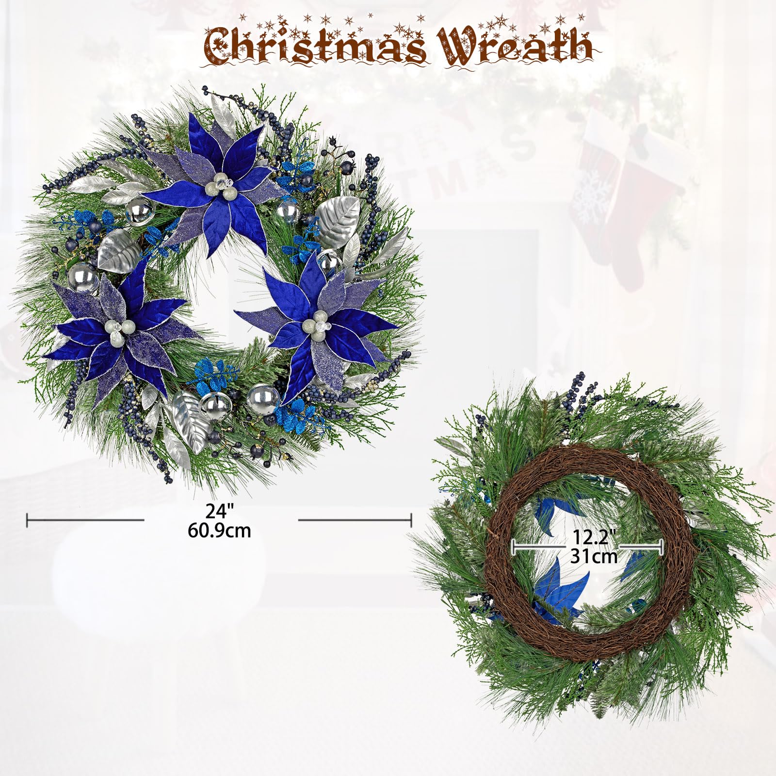 Luxuriser Weihnachtskranz 60,9 Cm Blau-Gold  Handgefertigte Trdekoration  Mit Tannenzweigen, Kugeln & Blumen Fr Innen & Auen