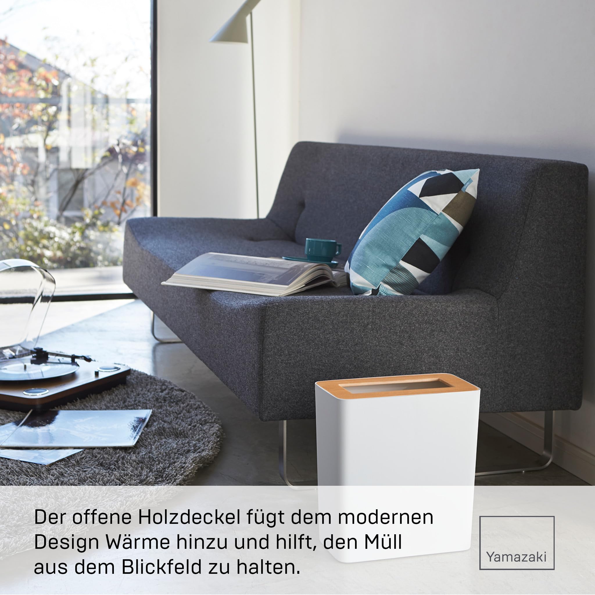 YAMAZAKI Rin Papierkorb, weiß | Stahl / Holz, 10 L, Metallring im Inneren, Verstäckt Mülltüten, 15 x 28 x 30 cm, Japanisches Design