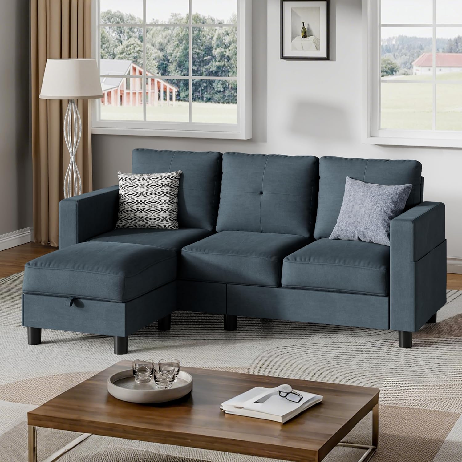 (incomplete) shintenchi small sectional couch with ottoman, 3 seat l shaped sofa, fabric upholstered convertible sofa couches, small couch for apartments, living room and office(dark grey)