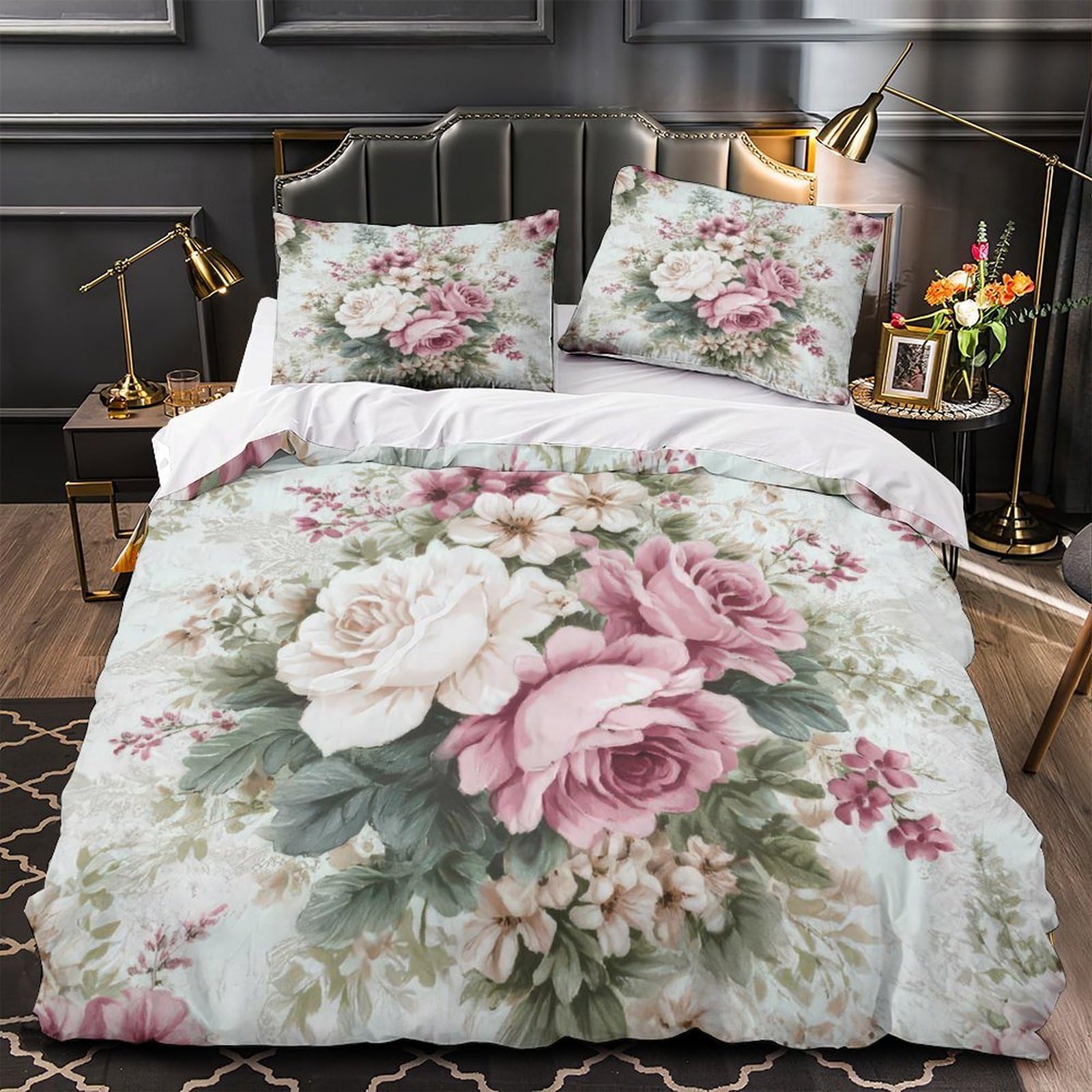 Housse de couette rose vintage 140x200 en microfibre avec parure de lit 3D