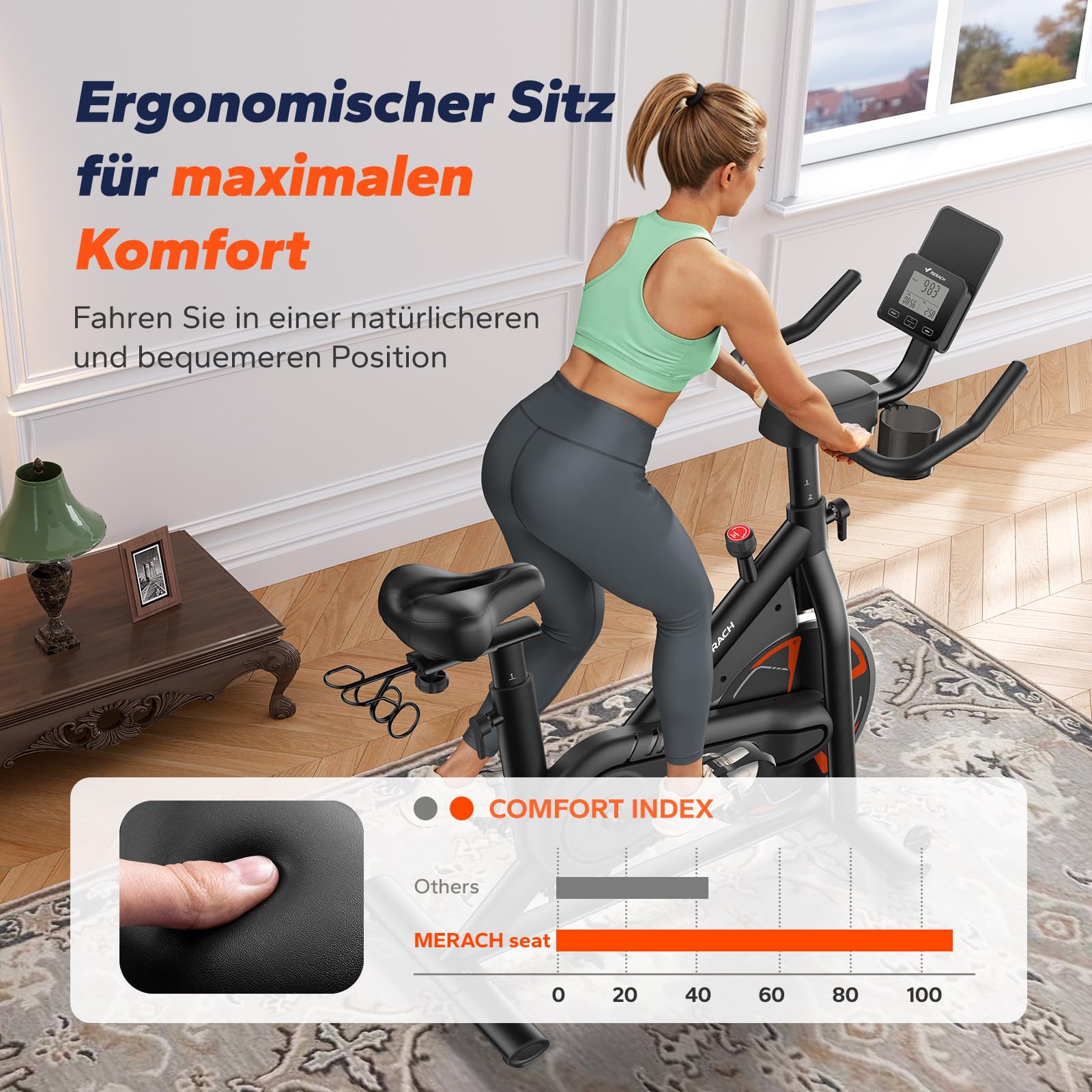 MERACH Rower domowy z magnetycznym oporem, cichy rower mieszkalny z amortyzującym siodełkiem z poduszką powietrzną, ekran LCD, ekskluzywna aplikacja, stabilna rama H, obciążenie do 150 kg