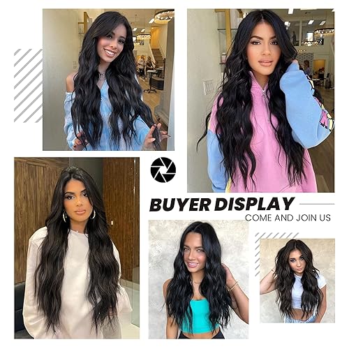 Miniatura 3 de Pelucas onduladas negras largas para mujer, parte media, peluca negra rizada, peluca sintética resistente al calor, pelucas de aspecto natural para