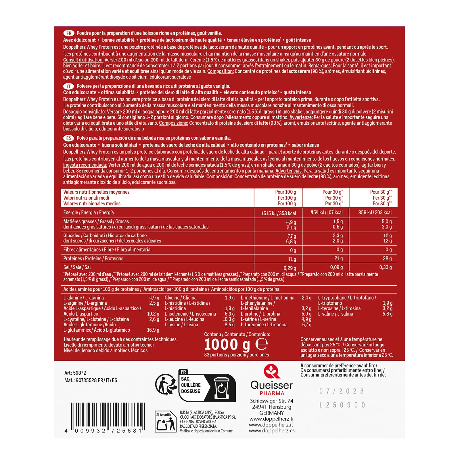 Doppelherz Whey Protein, Proteine in Polvere alla Vaniglia, 1000 g | Proteine del siero del latte, Le proteine contribuiscono al mantenimento della massa muscolare, Vegetariano, 33 porzioni