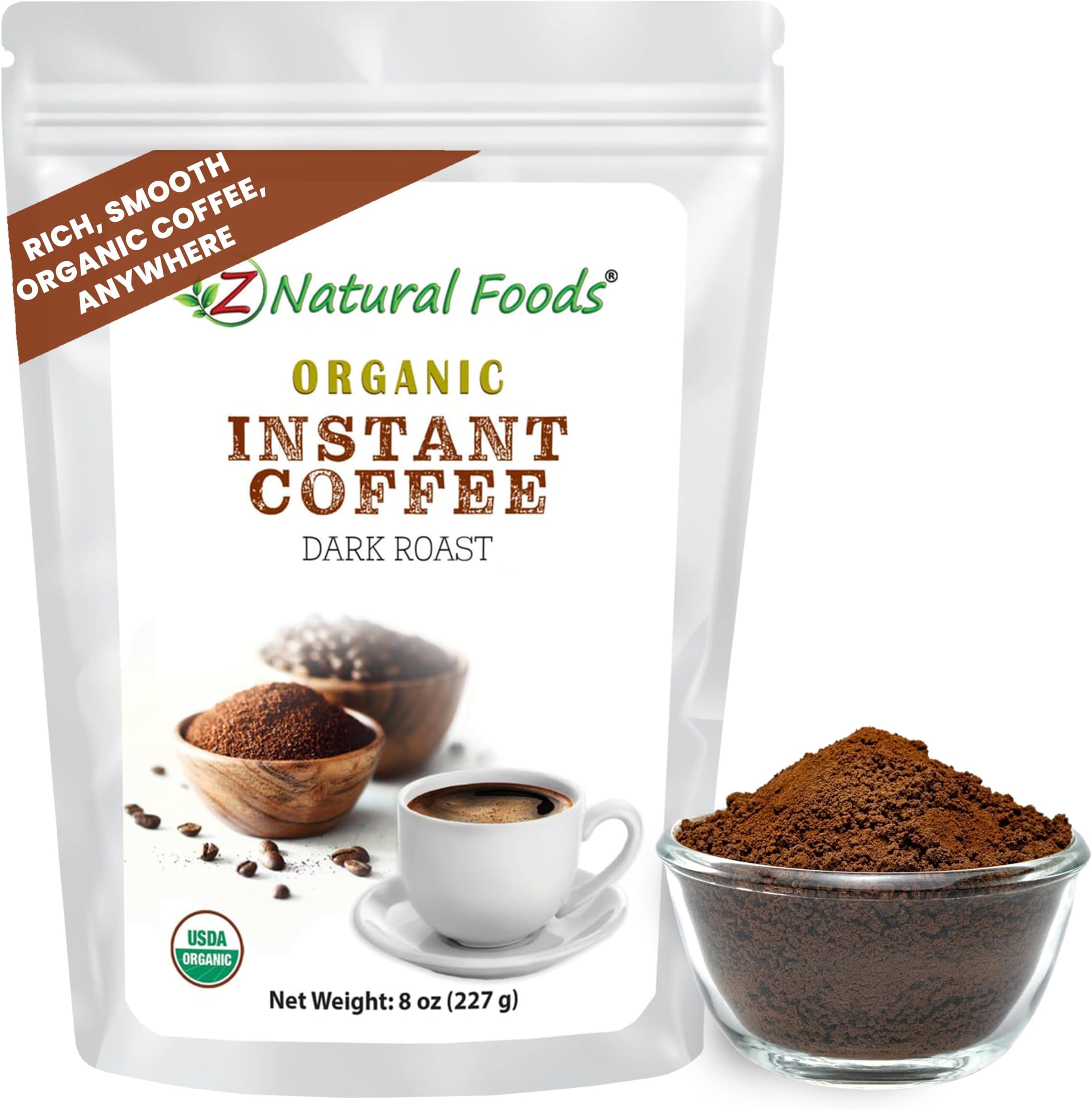 Organic Instant Coffee Powder - Dark Roast Arabica, 8 oz | USDA Organic, Gluten-Free, Arabica Beans, Dark Roast, Instant Espresso Powder with , Resealable Bag