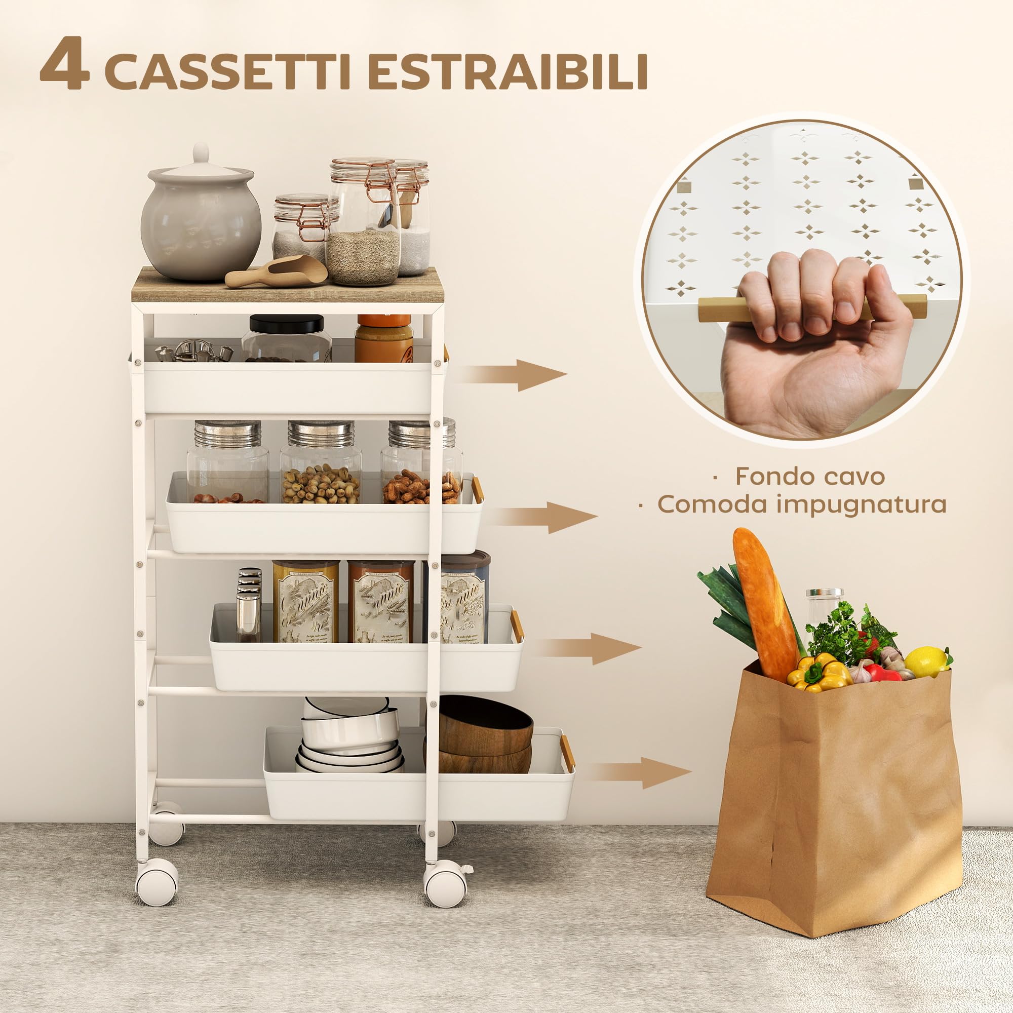 HOMCOM Carrello Cucina 5 Livelli 4 Cassetti 39.5x24x82 cm Bianco e Rovere | Estraibili, 4 Rotelle, Carrello Portavivande Salvaspazio, Metallo PP e Legno