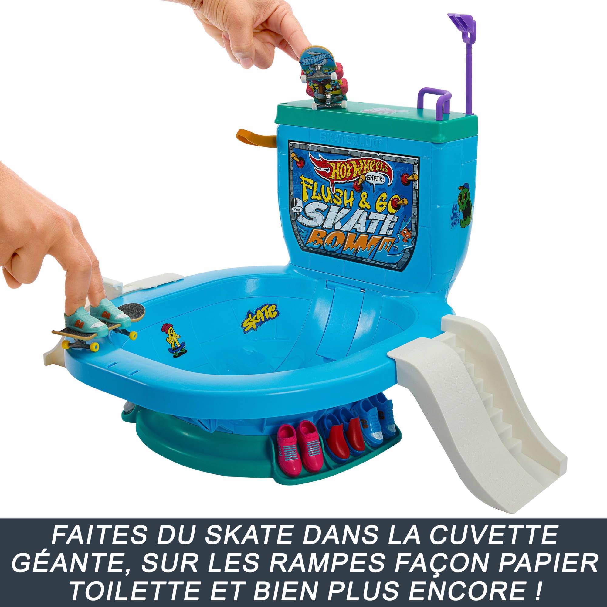 Hot Wheels Skate Tirez la Chasse : C’est Parti ! Coffret skatepark cuvette de toilettes avec 1 planche exclusive et 1 paire de chaussures, HXL16