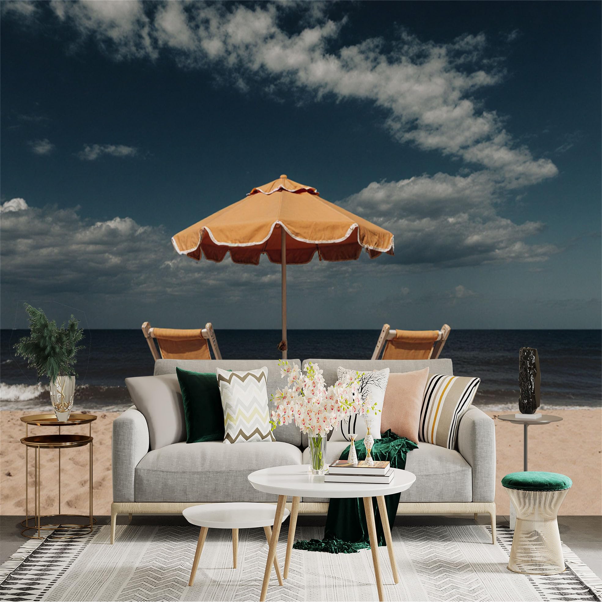 Lnzczhyre Xc260505884 Custom Size Wall Sticker Mural， Yellow Beach Umbrella， Empty Deck Chairs， Tropical Seascape， Summer Ocean View， For Wall Decoration， Peelandstick Wall Decals.