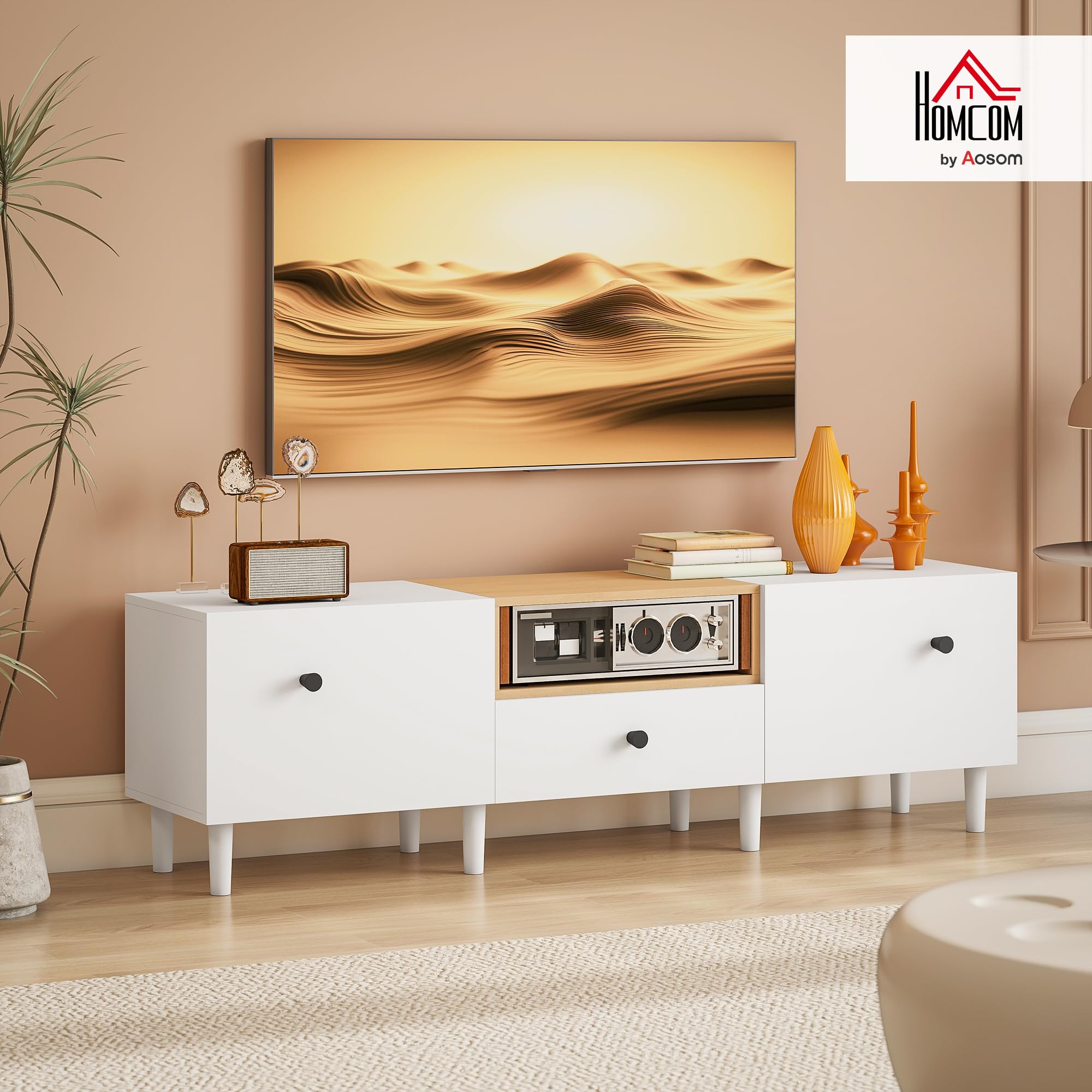 HOMCOM Mobile TV con 2 Ante a Ribalta, Cerniere Soft Close, Cassetto e Ripiano Aperto, Mobile Porta TV Fino a 70", 8 Gambe per Soggiorno o Camera da Letto, 150x35x45 cm, Bianco e Color Legno