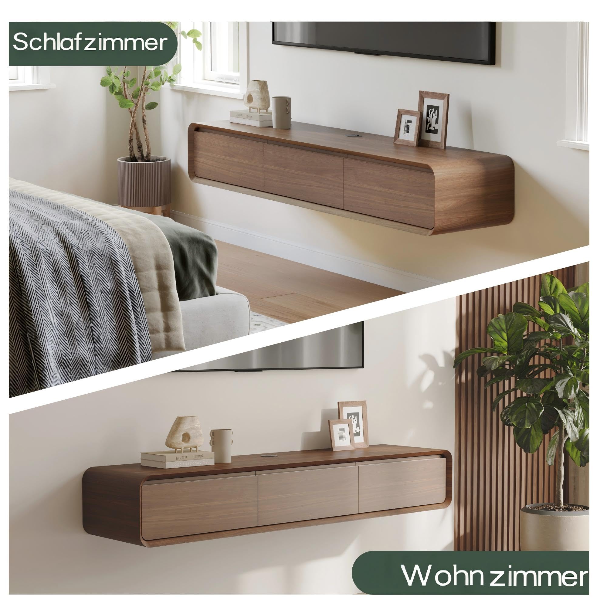 POVISON TV Schrank schwebend 160cm modern Walnussholz aus Massivholz mit 3 Schubladen, TV Lowboard hängend mit Kabelmanagement hochwertig, Komplettmöbel mit Stauraum für Wohnzimmer