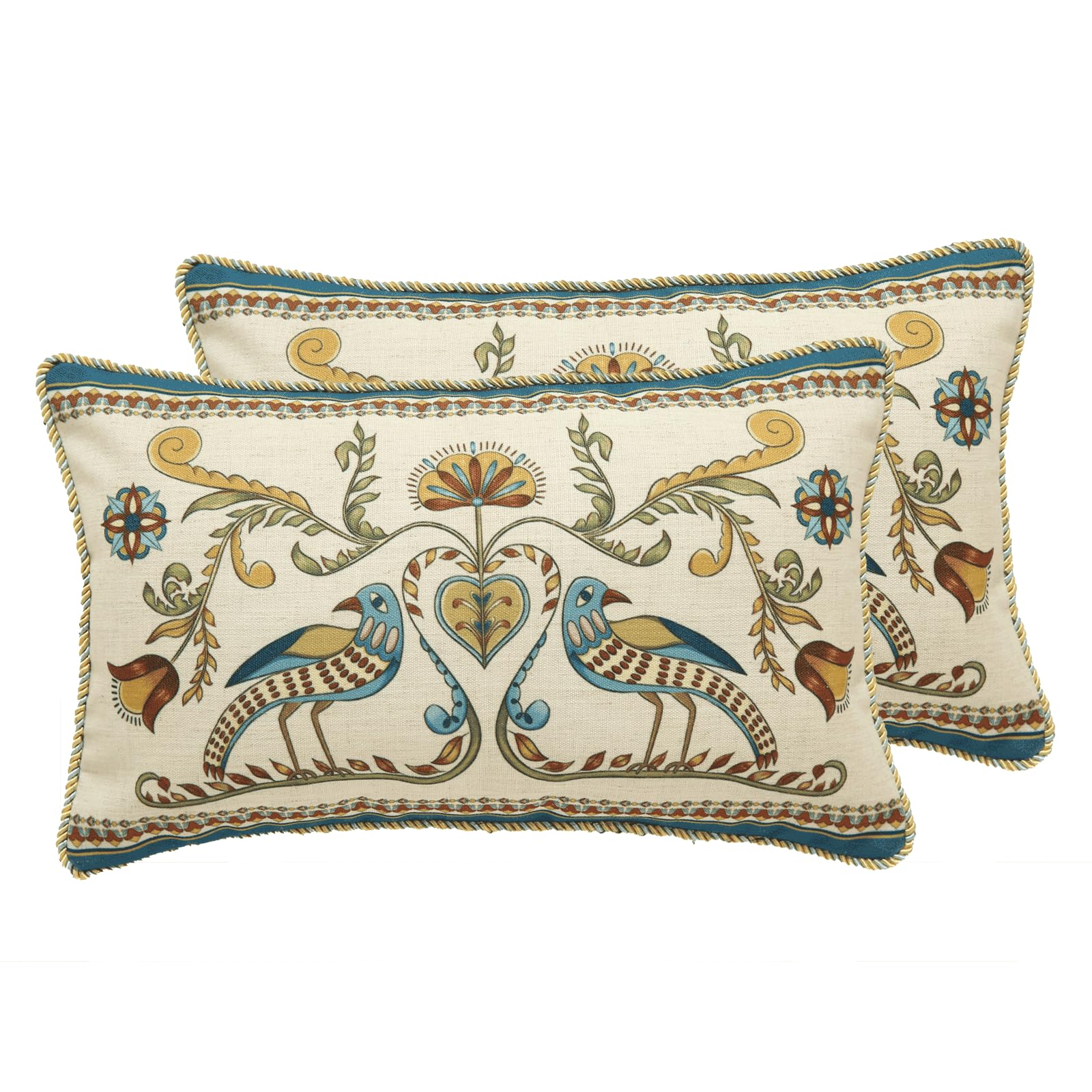 patdrea Designer Rectangle Throw Pillow Covers Set of 2,Farmhouse Blue Linen with Birds Floral Pattern Pillow Cover,Decorative Lumbar Pillowcases