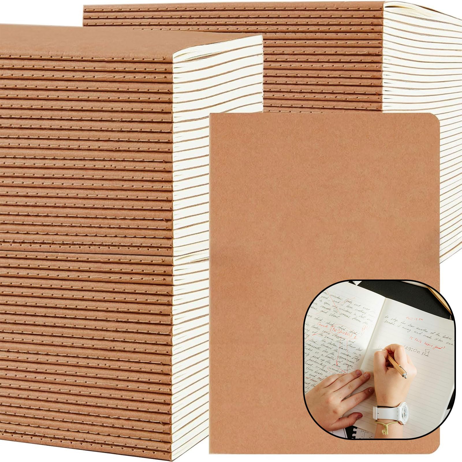 Pet Partisan Confezione da 100 quaderni A5 a righe in carta kraft, 20 x 14 cm, quaderni di viaggio, quaderni per argomenti, 34 fogli, 68 pagine, per scrivere, forniture scolastiche e ufficio