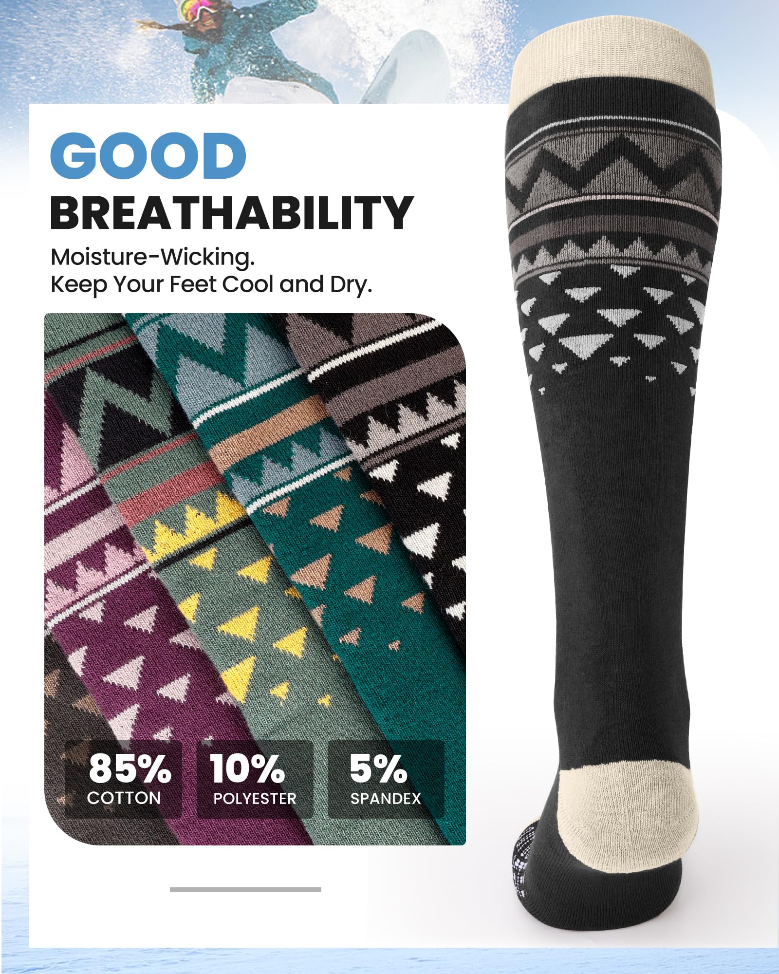 OutdoorMaster Chaussettes de ski, Lot de 2 Paires de Chaussettes de Ski et de Snowboard Pour Homme et Femme avec Design OTC avec Manchette Antidérapante