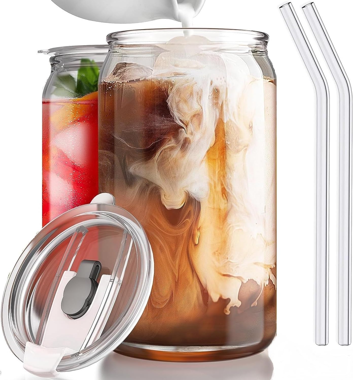 KELVEE Iced Coffee Drinking Glasses with Lids and Glass Straw, 500ml Beer Can Glass Can Shaped Tumbler Cup for Whiskey, Tea, Water, Soda, Cocktail Gift (Pack of 2) (Coco - 2)