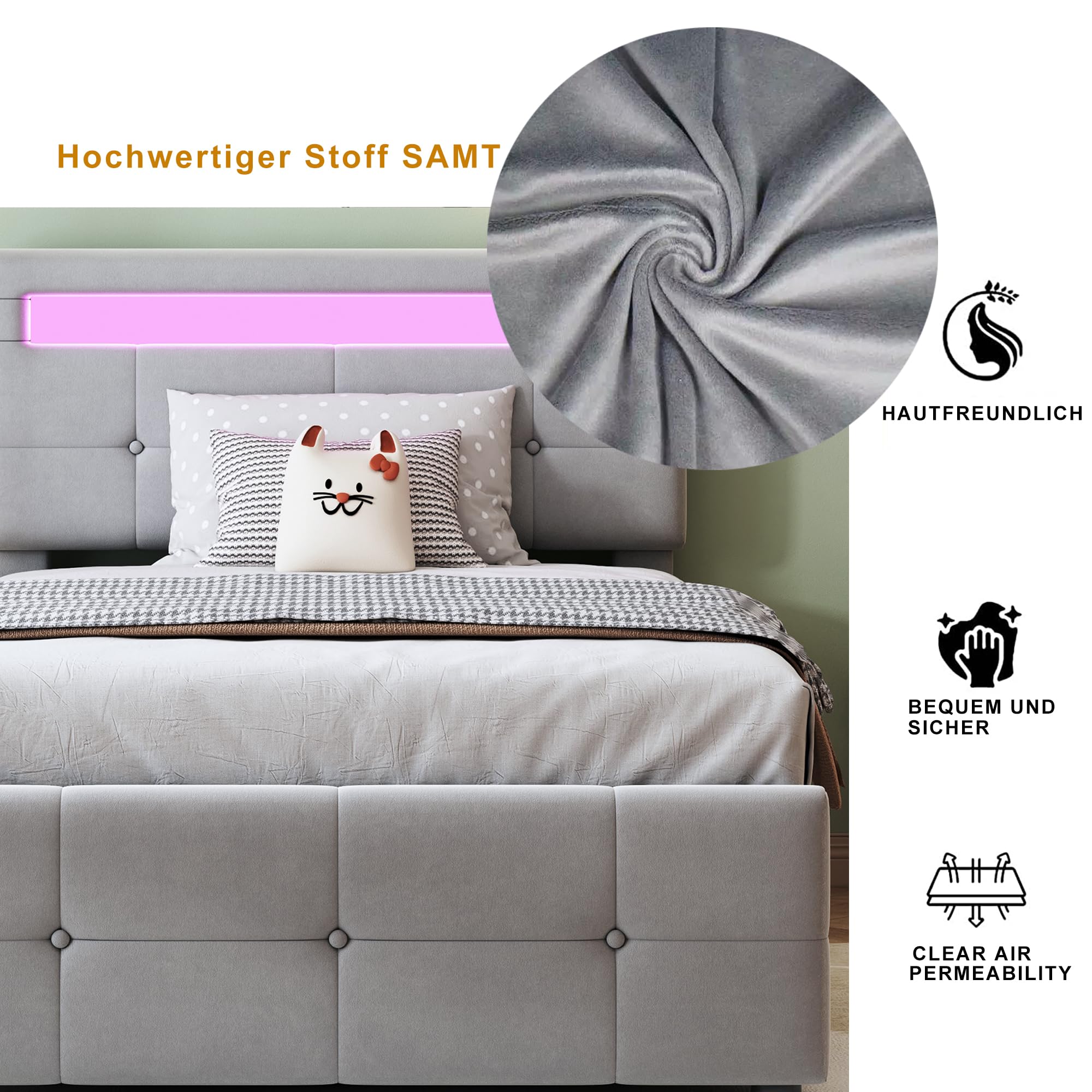 Gegtuon Letto Imbottito 90x200 cm con Illuminazione LED per Bambini, Letto Singolo con Idraulico Contenitore e Testata, Struttura Letto con Rete a Doghe per Ragazzi, senza Materasso, Velluto (Grigio)