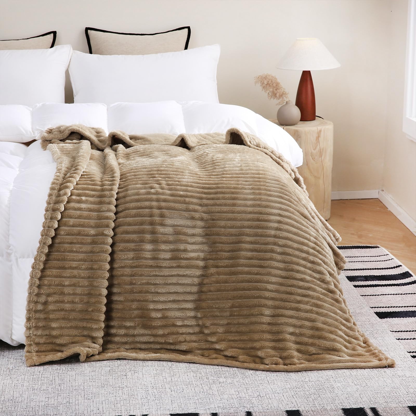 Linecooo Tan Fleece Throw Blanket 108”×90” for Couch Sofa Bed,Super Soft Cozy Plush Microfiber Flannel Blanket with Stripes Design Lightweight for Adults,Woman,Girls