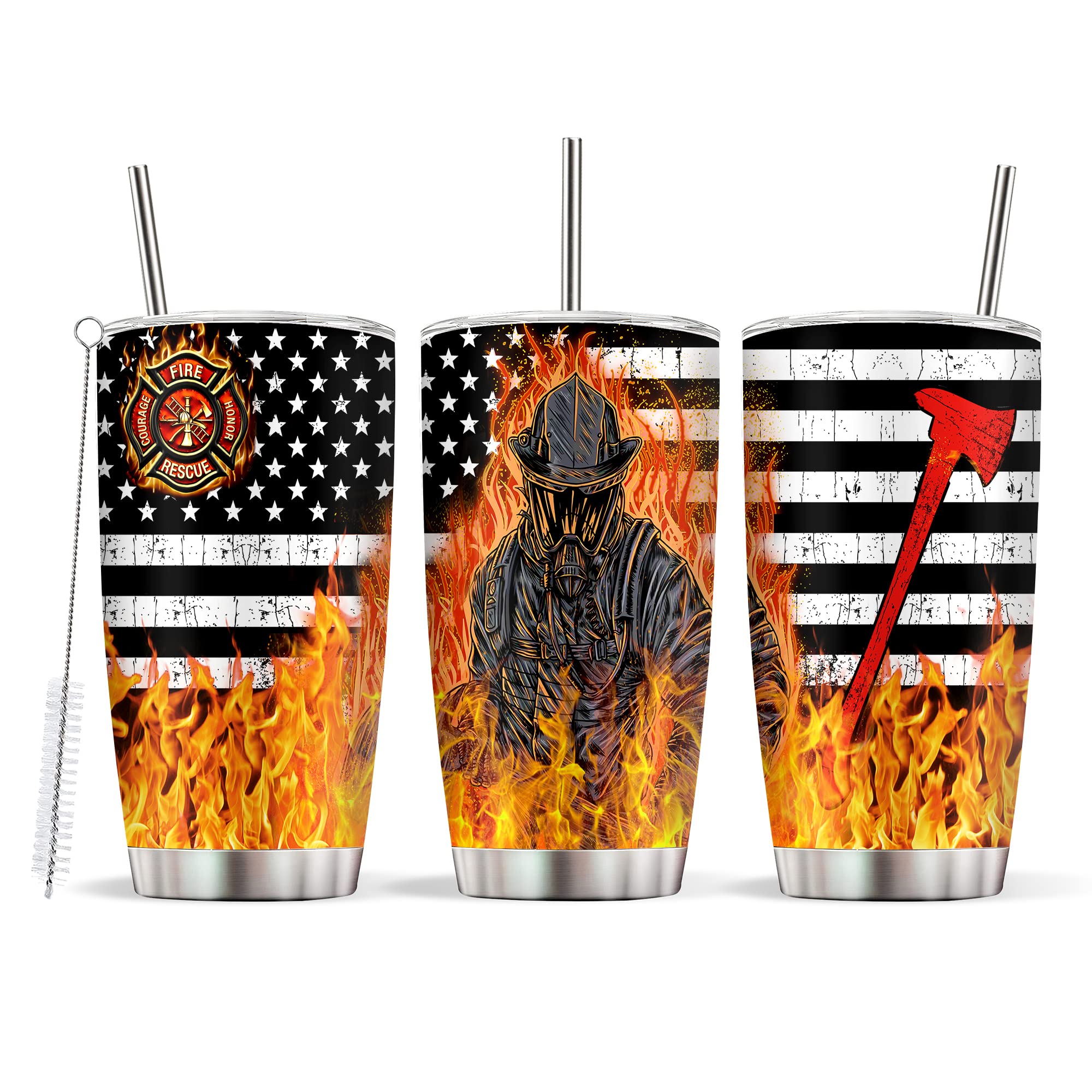DlecnuiyFirefighter Gifts Firefighter Tumbler for Men Fire Fighter, Fireman American Flag Tumblers 20oz for Dad Brother Uncle Husband Boyfriend Men Adults on Birthday Christmas Fathers Day Retirement