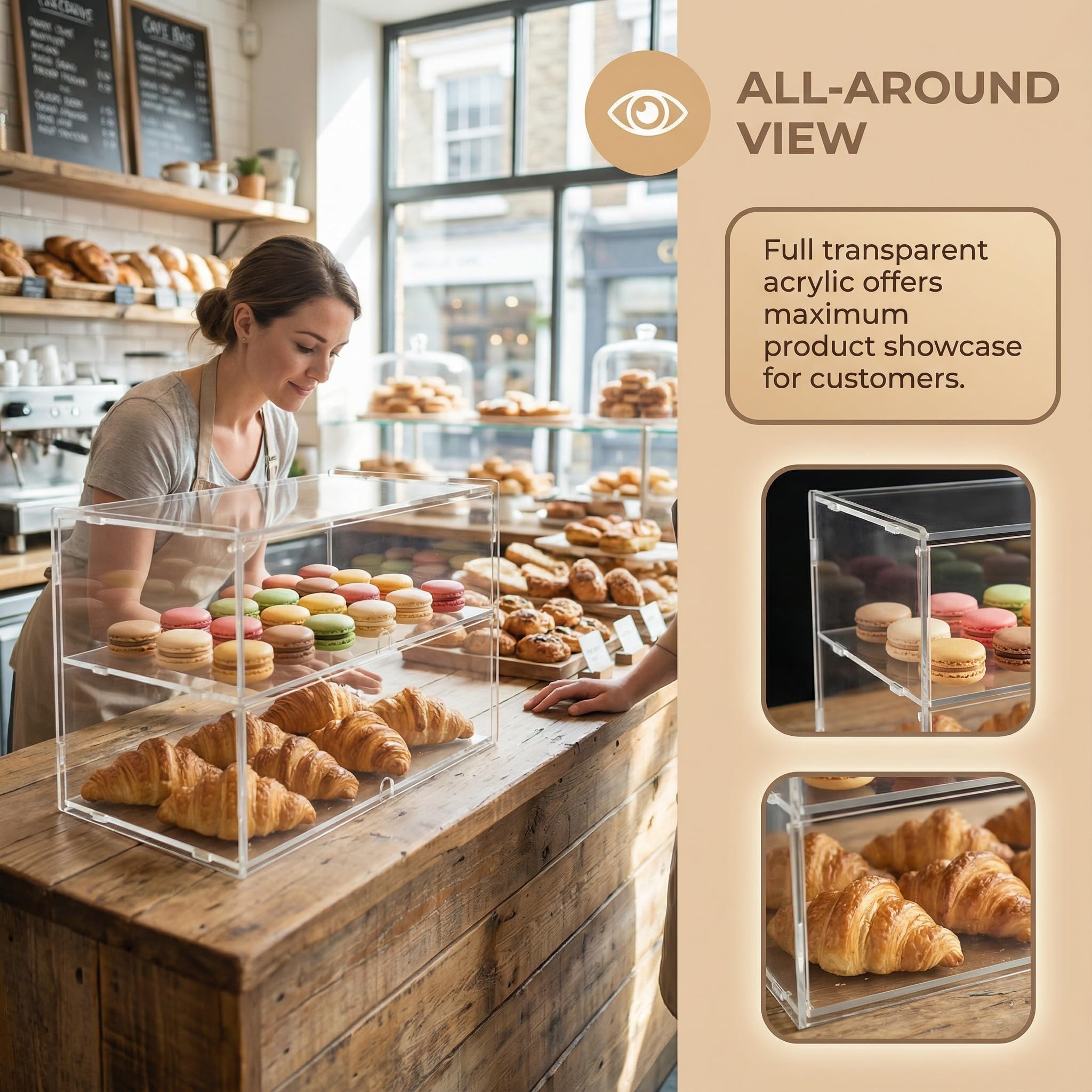 Vitrina de panadería de 2 niveles para encimera comercial, 18.9 x 9.5 x 11.8 pulgadas, caja de almacenamiento de acrílico para postre, donas, pan, pasteles, cupcakes, bagels y galletas
