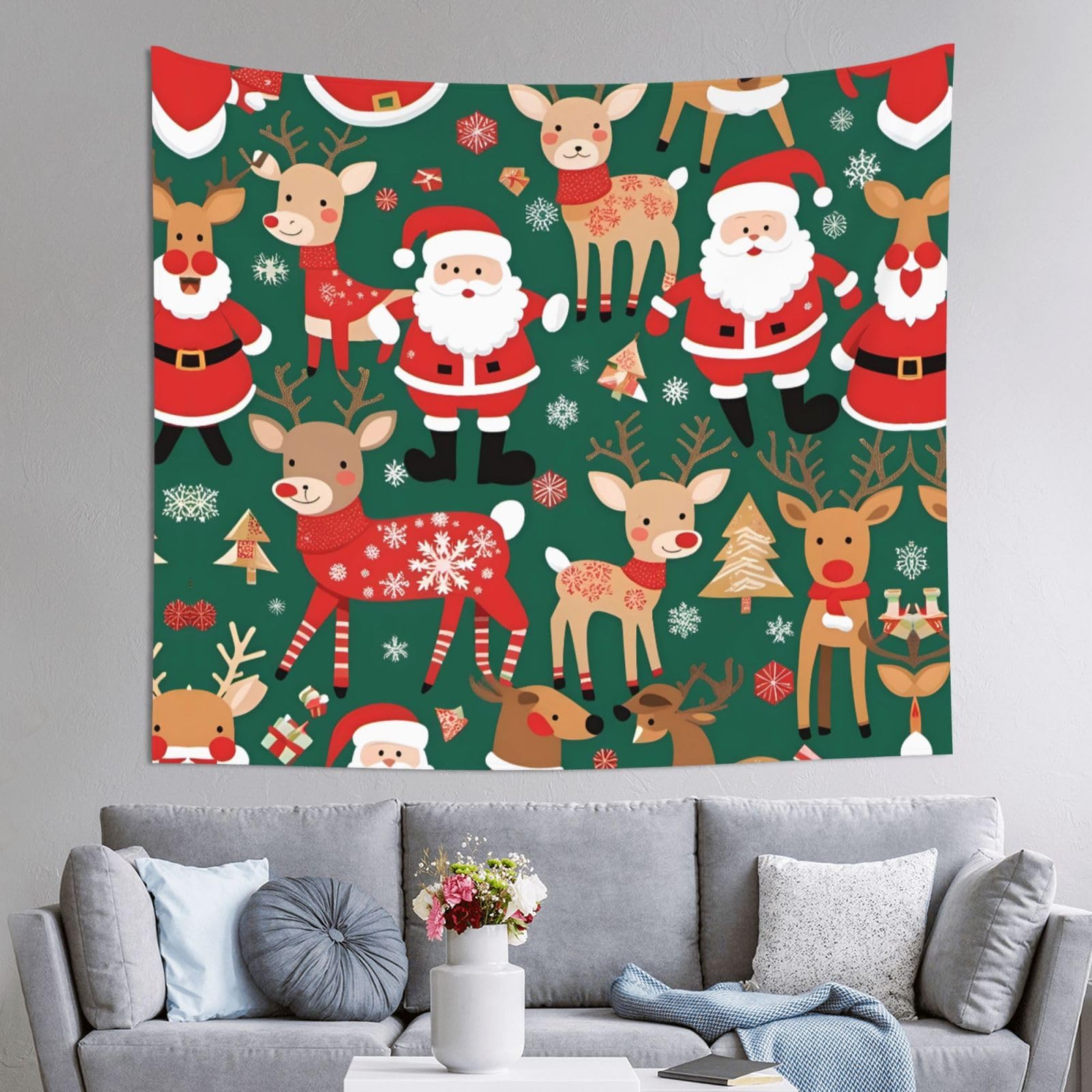 HLSBSSL 60x51in Santa Claus and Christmas deer Printed Tapestry Tablecloth for Dormitory and Picnic Rooms - Multifunctional Fabric Hanging