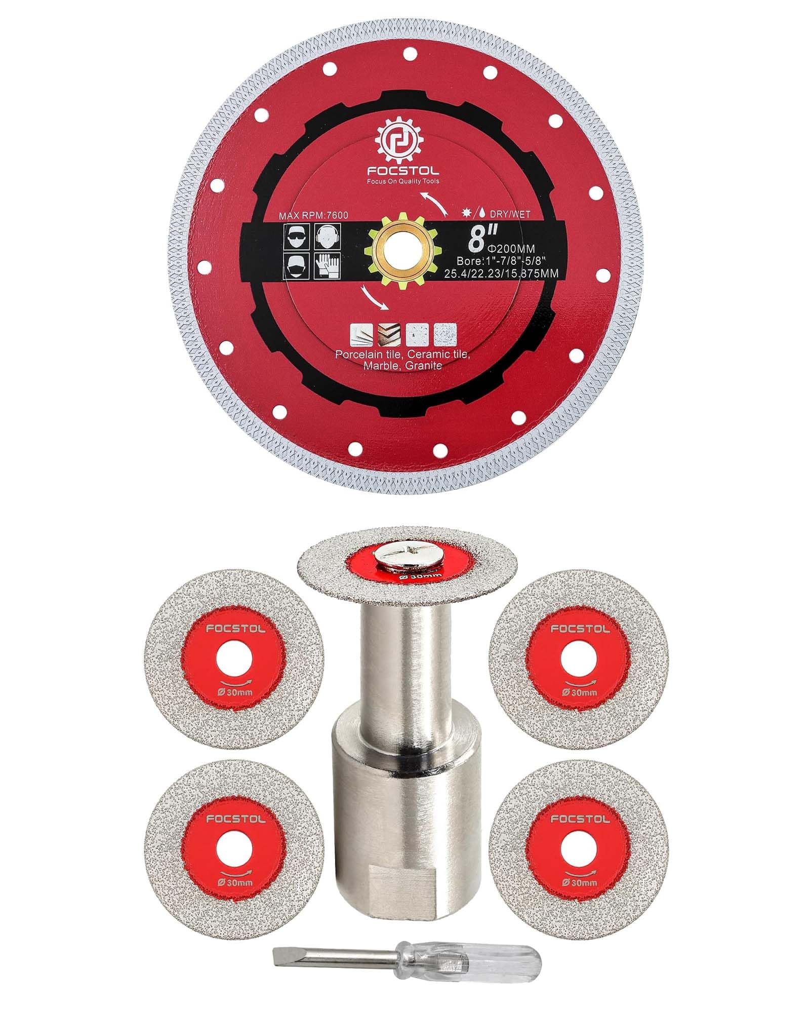 FOCSTOL Disco Corte Vidrio 5 piezas 30mm y 1 pieza M14 Brida y Disco Diamante Azulejos 200mm