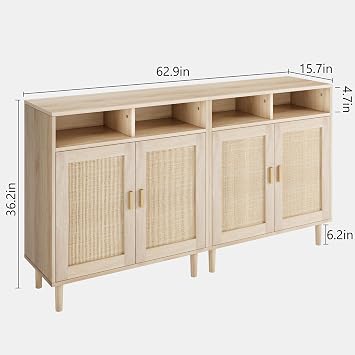 Modern Rattan Entryway Storage Cabinet Set – 4-Door Buffet Sideboard with Adjustable Shelf – 36 Inch Multi-Functional Organizer for Dining Room, Kitchen, Living Room – Set of 2