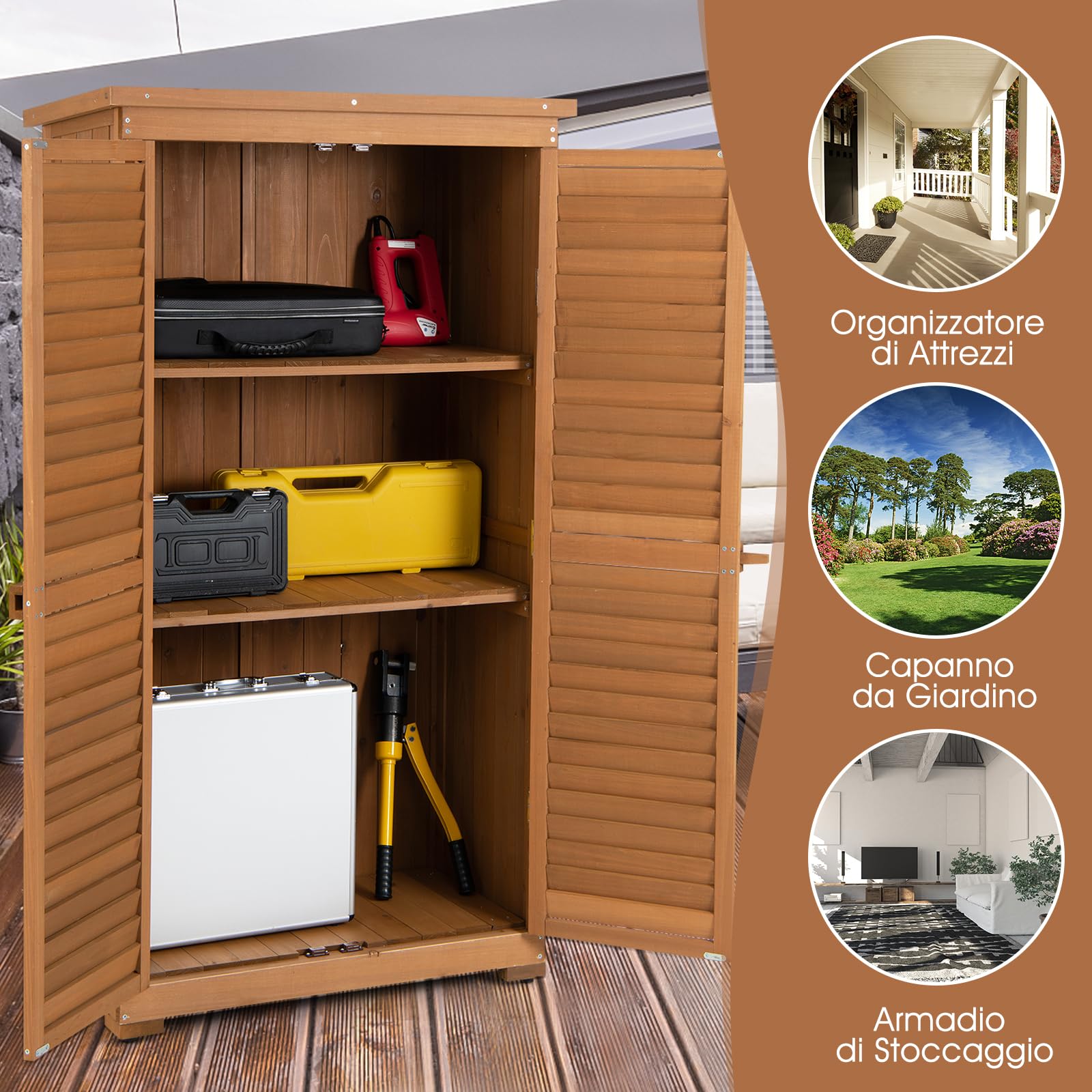 COSTWAY Capanni da Esterno, Armadio da Giardino in Legno Massiccio con 3 Ripiani Rimovibili, Tetto Impermeabile in Asfalto, Piedini Regolabili, Ripostiglio per Giardino, Terrazza e Cortile