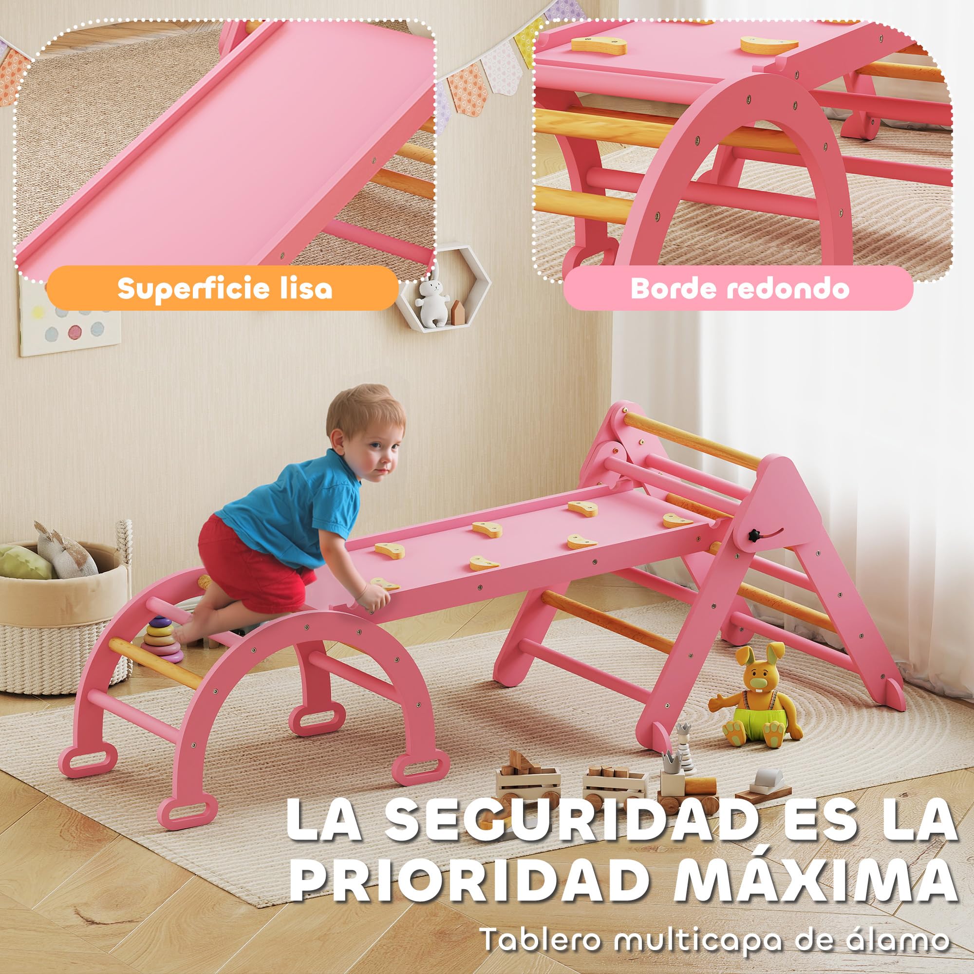 AIYAPLAY 7 en 1 Triángulo de Escalada Montessori con Arco y Rampa, Escalada para Niños de Madera Plegable, para 18-48 Meses, para Deslizarse o Escalar, 188x70 cm, Rosa