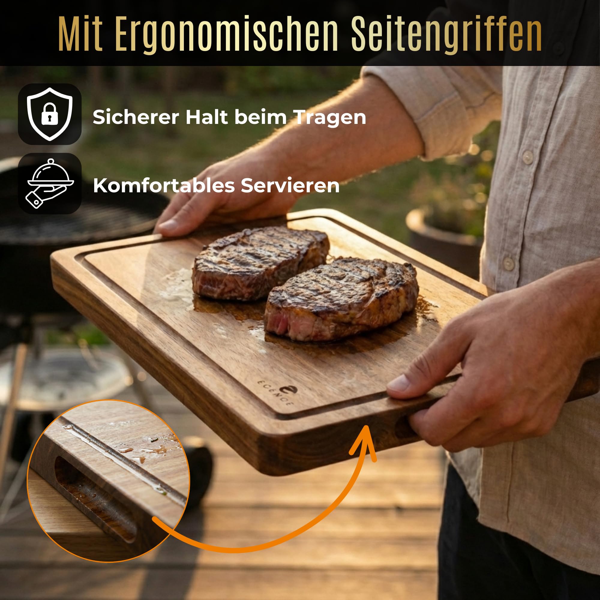 ECENCE Schneidebrett Holz groß 40x30x3cm - Küchenbrett aus Akazienholz