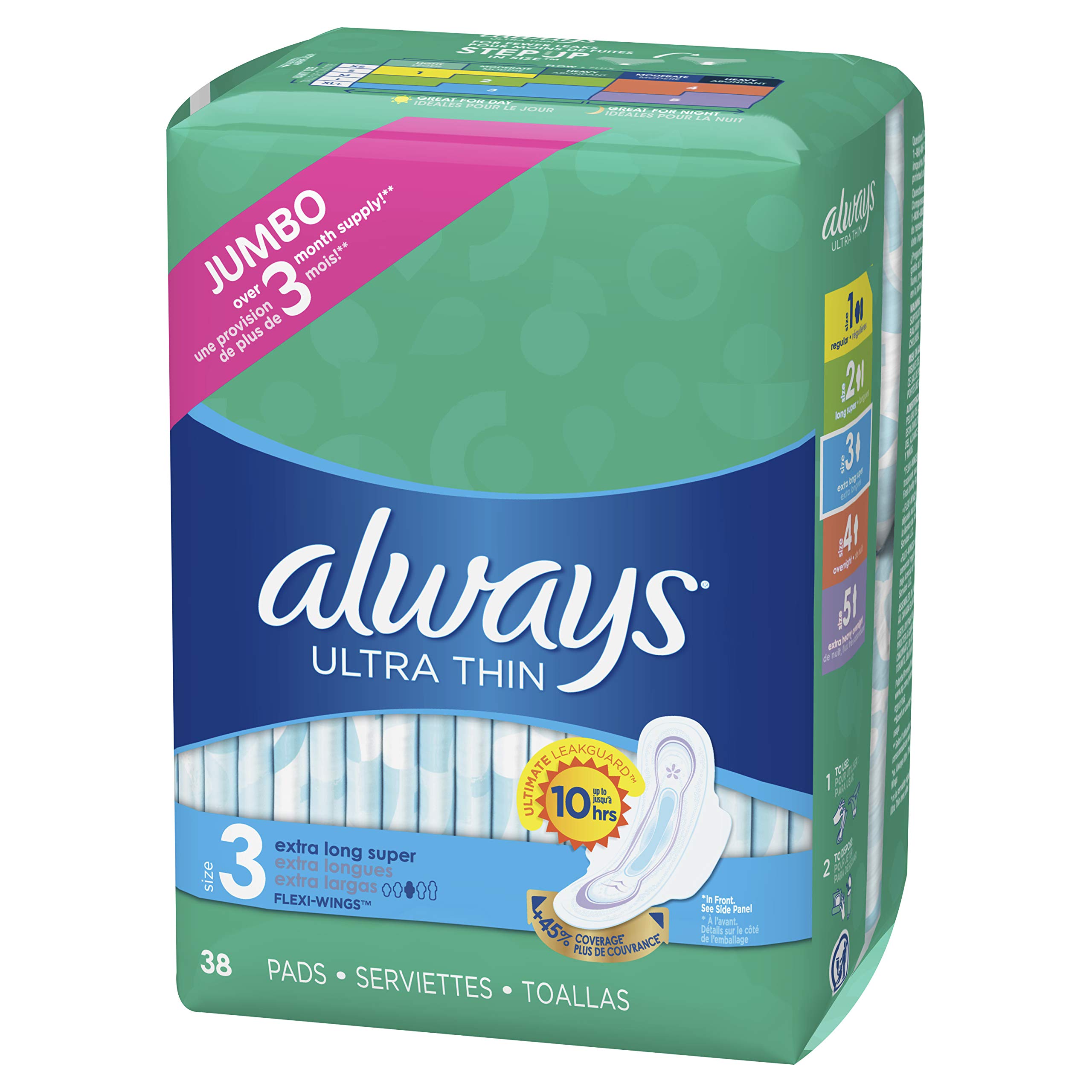 ALWAYS Ultra Thin Size 3 Extra Long Super Pads With Wings Unscented, 38 Count