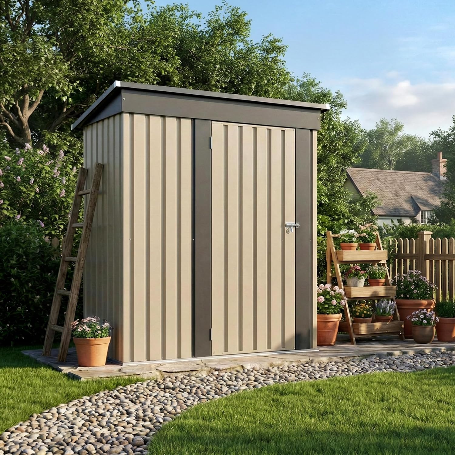 GUNJI 5 x 3 FT Shed Outdoor Storage Shed Metal Garden Shed with Lockable Door Outside Waterproof Tool Shed for Backyard, Patio, Lawn (Brown)