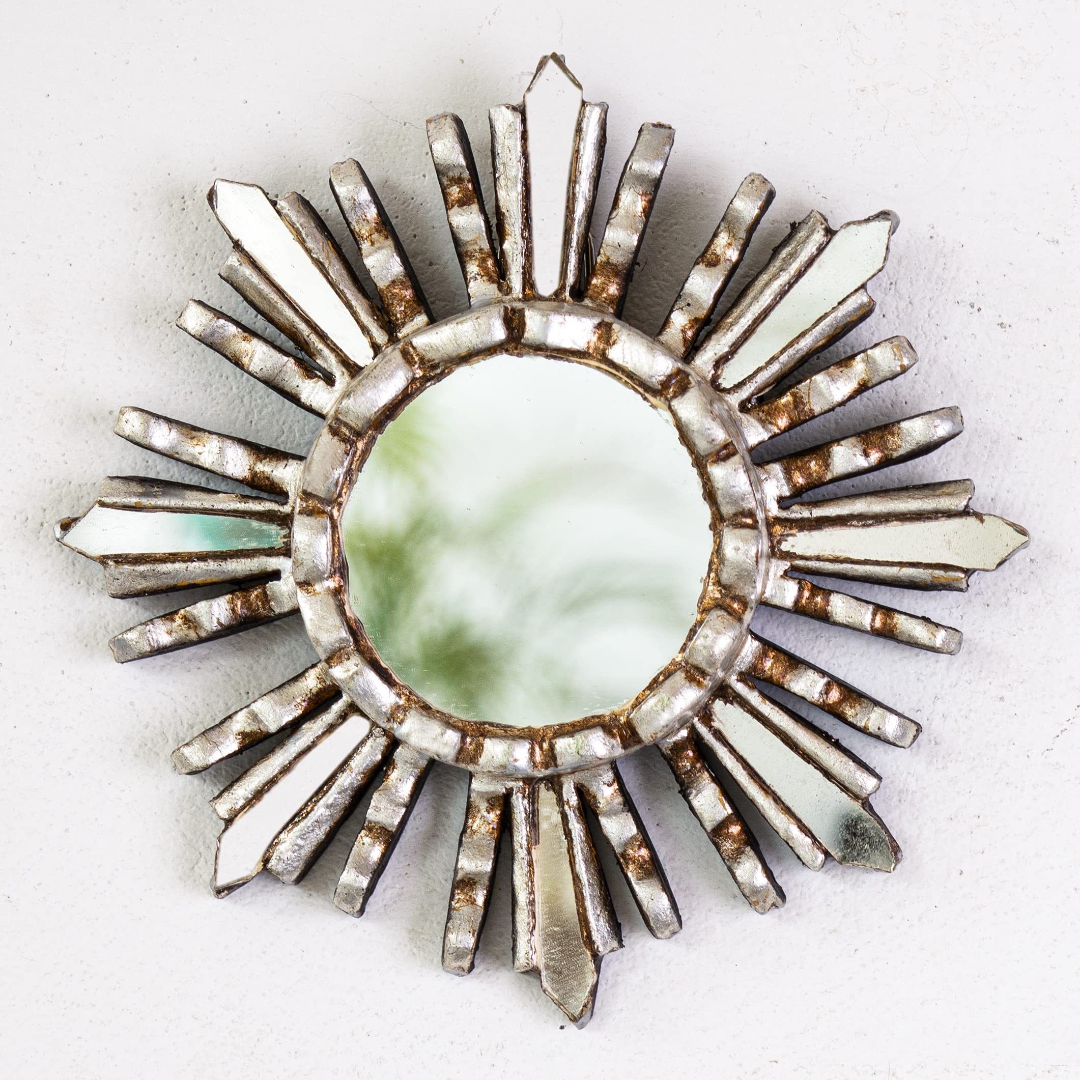 Small Sunburst Wall Mirror 6"- Peruvian Hand-carved Wood Round mirror for Wall room decor, Decorative Accent sunburst Mirror (Silver)