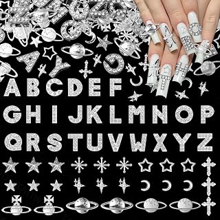 126 Pcs Silver Nail Charms, A-Z Full Rhinestone Letters Nails Charms, Planet Star Crosses Moon Alloy Nail Y2K Charm, 3D Goth Initial Rhinestones for Nails DIY Jewel Accessories