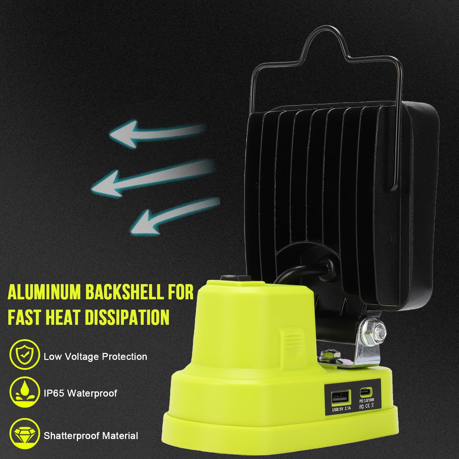 LED-Arbeitsleuchte, 6000 Lm, 38 W, Tragbare Arbeitsleuchte, Einstellbare Helligkeit, Wiederaufladbare mit USB-A-, USB-C-Anschlüssen für Werkstatt, Garage