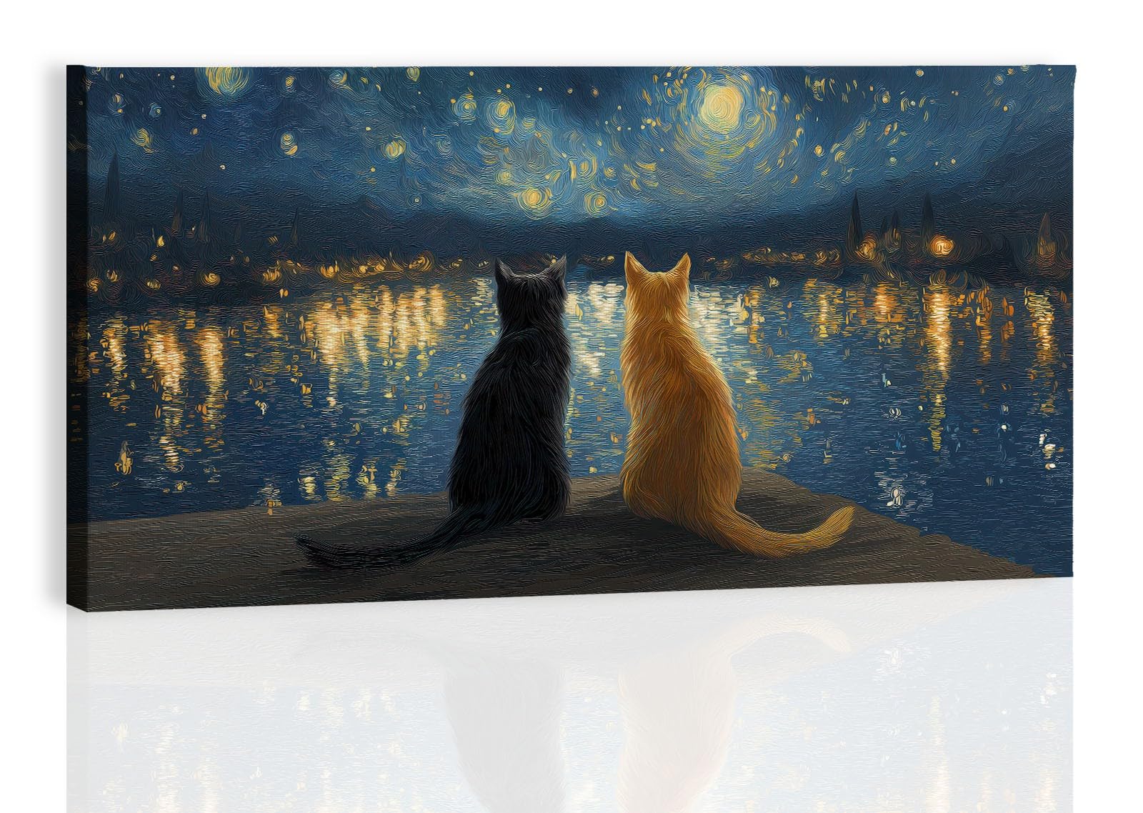 XXL Leinwandbild mit Rahmen Sternengucker Schwarz Orange Katzen, Moderne Leinwand Malerei Gemälde – Deko für Wohnzimmer Schlafzimmer Büro – Wasserfest Poster Deko 120x80 cm