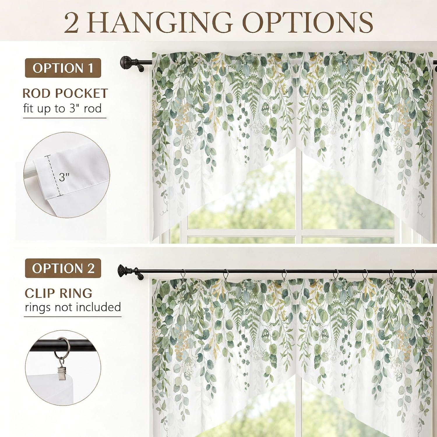 Eucalyptus Swag Curtains Watercolour Leaves Short Valances for Window Rod Pocket Semi Sheer Window Topper Home Decor for Living Room Kitchen Bathroom Bedroom Windows 36x36in 1 Pair