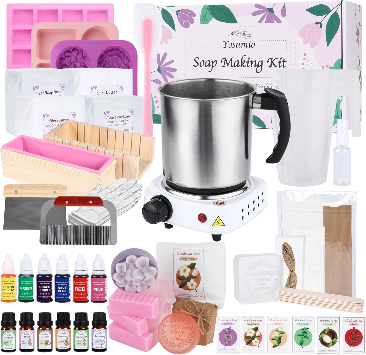 Yosamio Deluxe Soap Making Kit with Exclusive Stamp & Removable Melter–40+Pcs DIY Supplies for Adults, Easy-Clean Pot, Shea Butter & Clear Bases, Essential Oils, Molds, Dyes. Full Set for Beginners