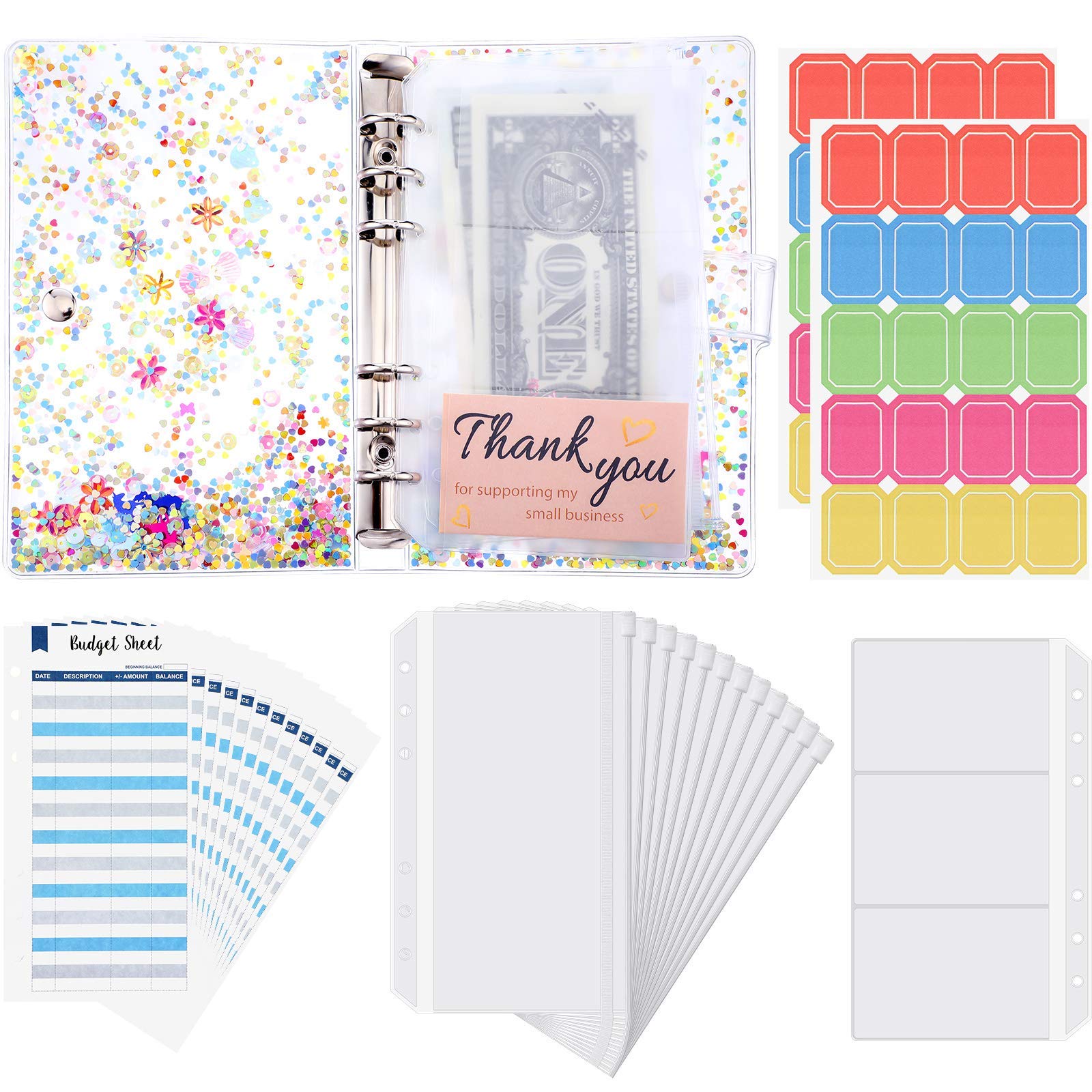 28 Pieces A6 Binder PVC Notebook Cover, Binder Budget Envelopes System Budget Planner Organizer, Waterproof 6-Ring Binder Cover with Binder Pockets, Budget Sheets, Card Bag and Labels (Sequins)
