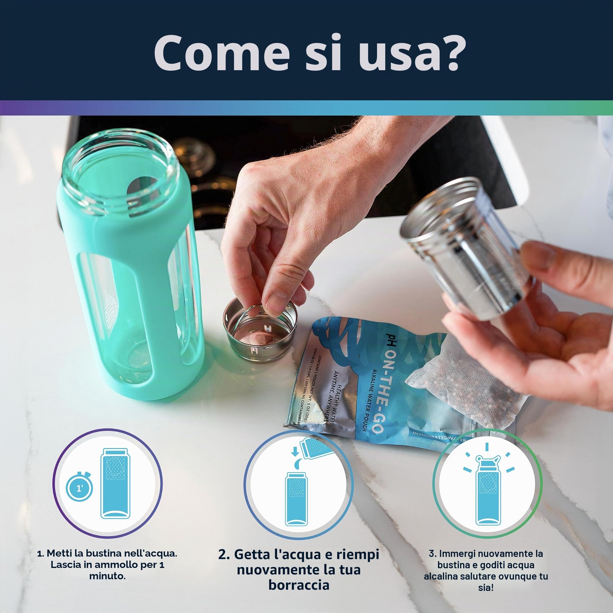 Invigorated Water PH On-The-Go - Filtri per acqua alcalina, 100 g, sistema di filtrazione dell'acqua, bottiglie, filtri acqua per brocche, brocche per/set di 3, filtri per bottiglie, filtri alcalini