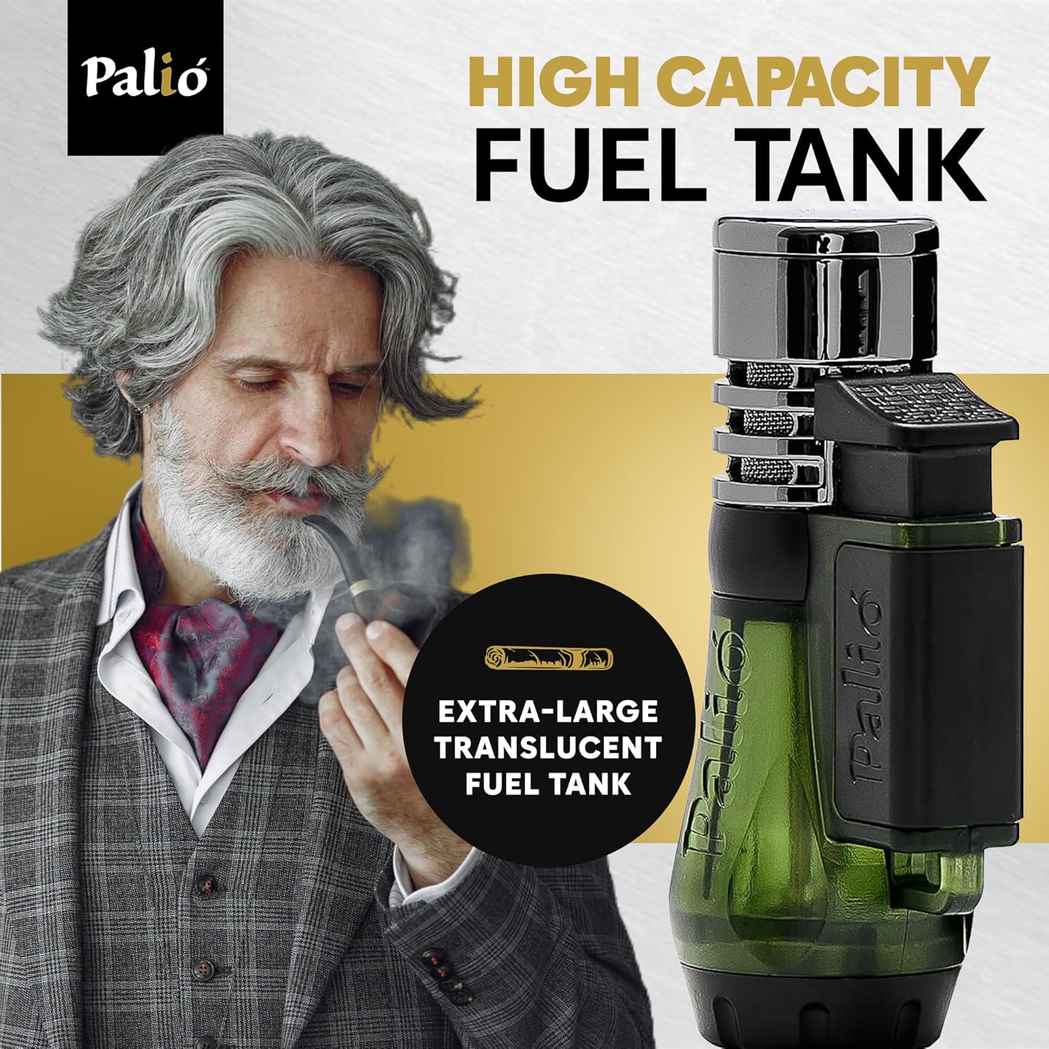 Man smoking pipe with Palio Vesuvio lighter and text 'High Capacity Fuel Tank'