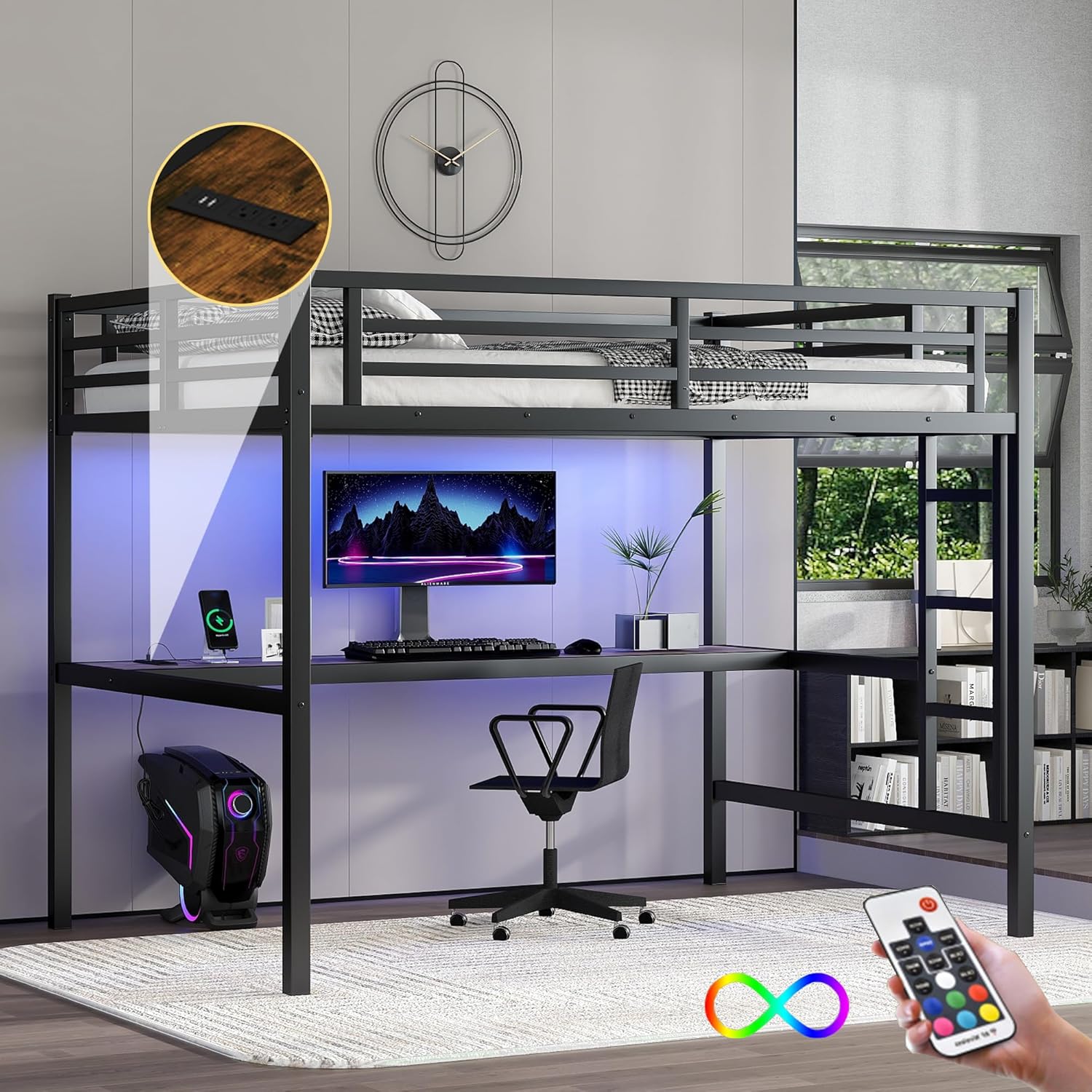 Bellemave Full Size Metal Loft Bed with Desk and LED Lights,Heavy Duty Loft Bed Frame with Charging Station and USB for Kids,Teens,Adults,Full Size,Black
