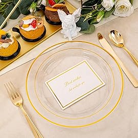I00000 60PCS Clear Gold Plastic Plates, Clear Plates With Gold Rim 10 Inch,Fancy Disposable Wedding Plate Heavy Duty Plastic Plate for Wedding Birthdays Thanksgiving Party