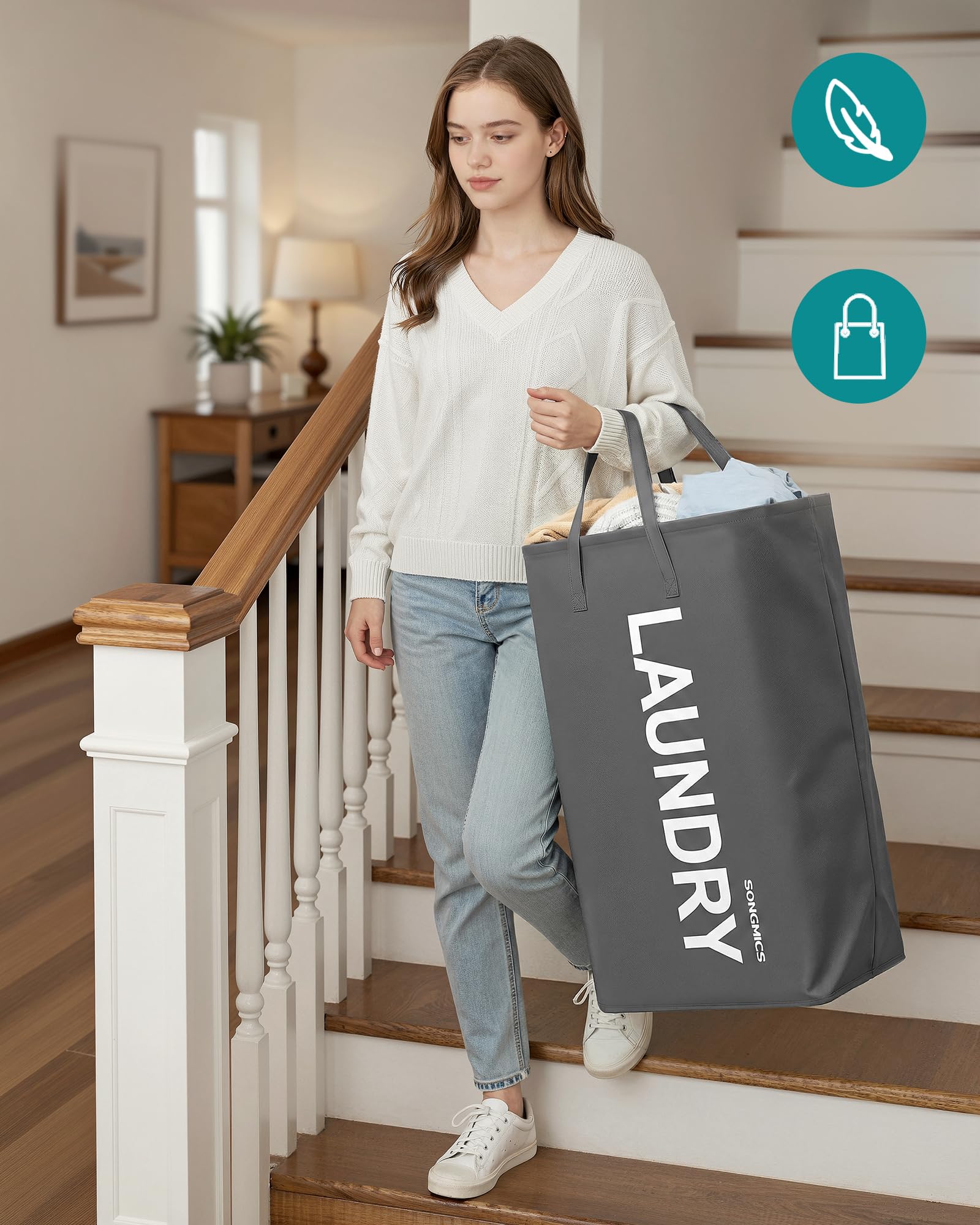 Kosz na pranie SONGMICS, 80 l, składany, kosz do przechowywania, z uchwytem, worek na pranie, wodoodporny, do pralni, sypialni, łazienki, szary łupkowy RLH001GN01