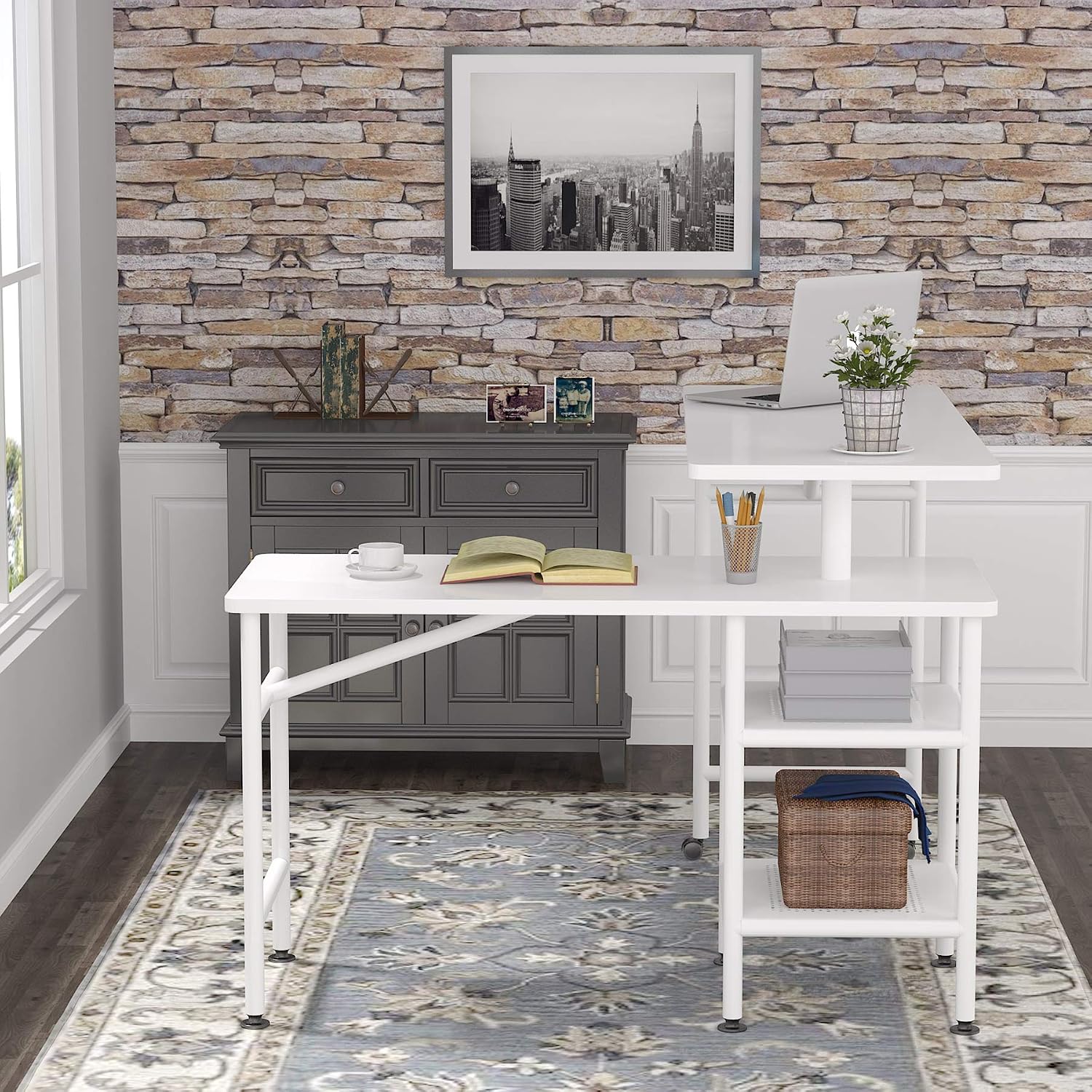 Tribesigns L Shaped Rotating Standing Desk, Industrial 360 Degrees Free Rotating Corner Computer Desk with Storage Shelf, Reversible Rustic Office Desk with Wood Veneer (Glossy White)