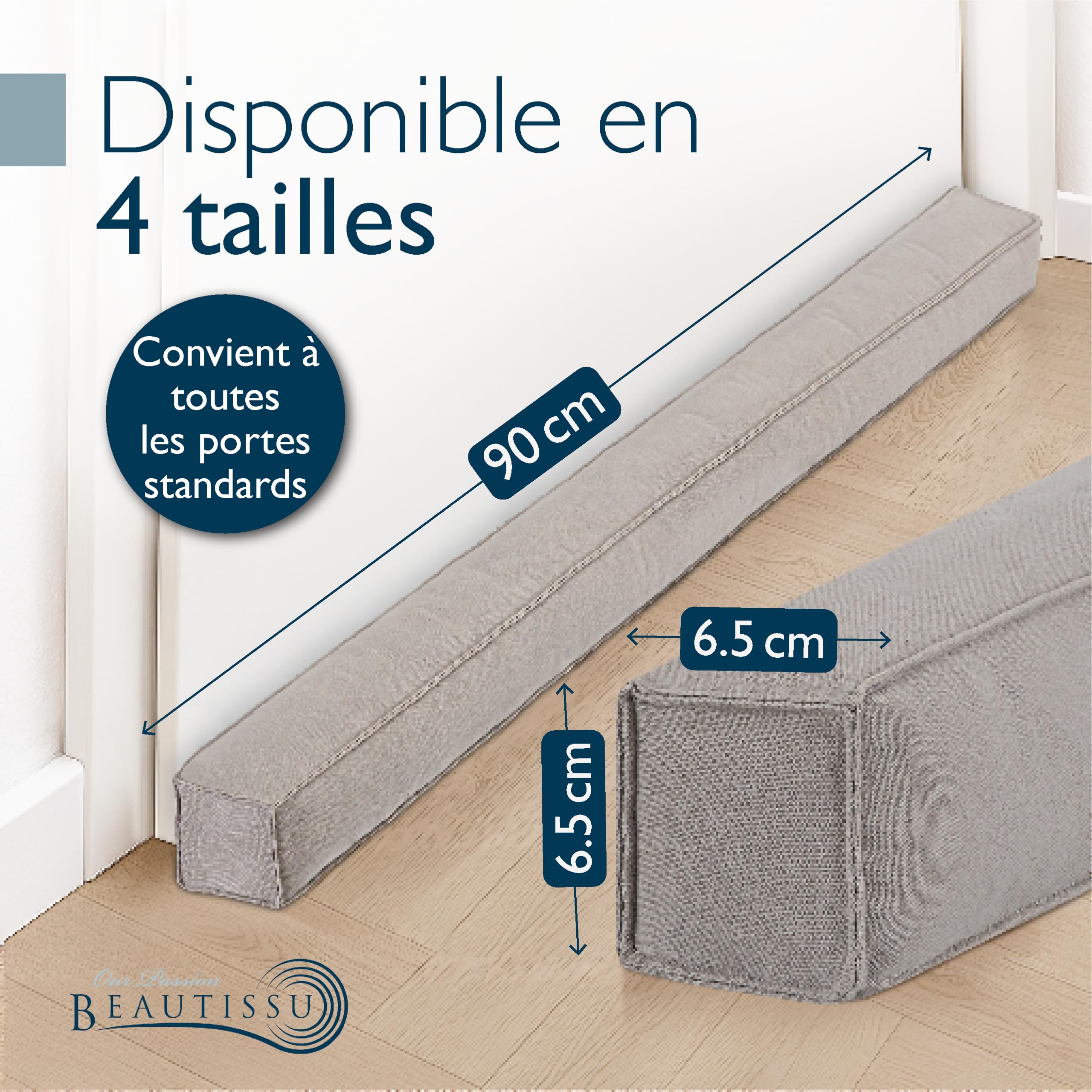 Beautissu Boudin de Porte Isolant d'Entrée 90 cm avec Aimants – Bas de Porte Anti Froid Bruit – Coussin Anti Courant d’Air pour Fenêtre – Coupe Vent Tissu Gris Clair pour Isolation Thermique – Marin