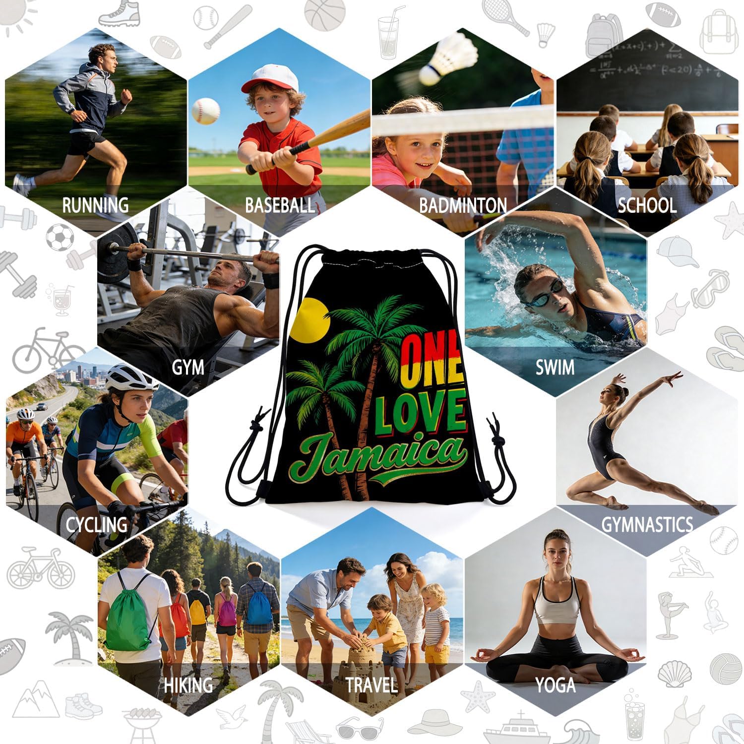 One Love Jamaica Drawstring Backpack, Adjustable Cord & Inner Zipper Pocket - Reusable Gym Beach Drawstring Bag One Love Jamaica Present for Women Men