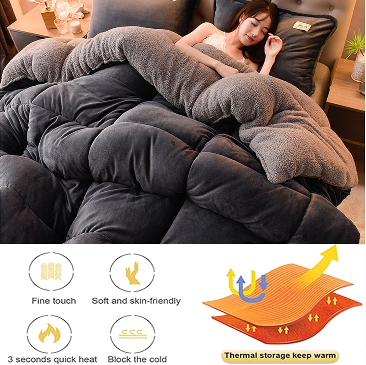 ZTGL Thickened Super Warm Winter Quilt Grey Flannel Fleece/Wool Like Double Fabrics, Breathable Warmth Fluffy Plush Double Sided Velvet Bed Blanket for Cold Weather,220x240cm(5kg)