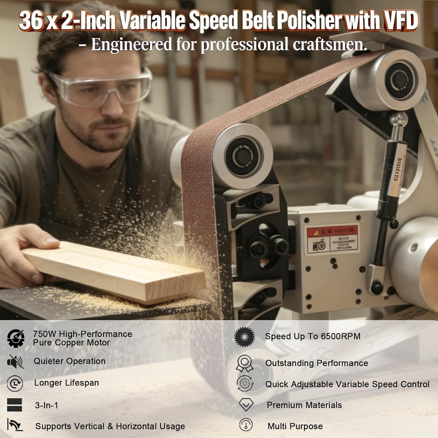 Belt Grinder Sander, 36 x 2-Inch Variable Speed Belt Polisher with VFD, 110V 750W Electric Grinding Machine with 2 Grinding Moulds, Polishing Tip and Cloth Wheel for Metalworking (3-in-1)