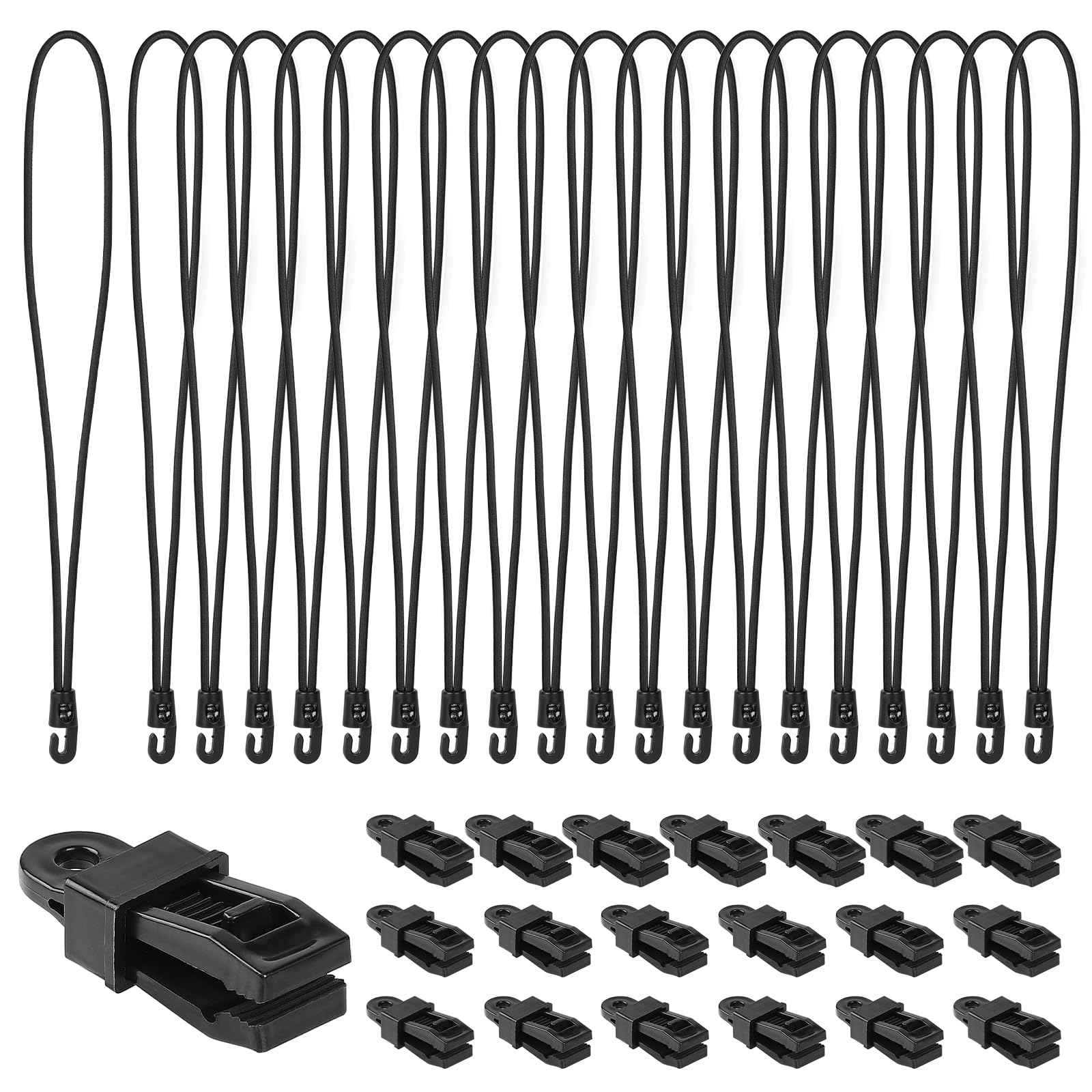 LALAGO 20 sztuk gumek napinających z hakami + klipsy do plandek, ekspandery z hakami 35 cm, napinacze plandeki z klipsami do plandeki, czarne, do gumek namiotowych, plandek, siatek, banerów, na