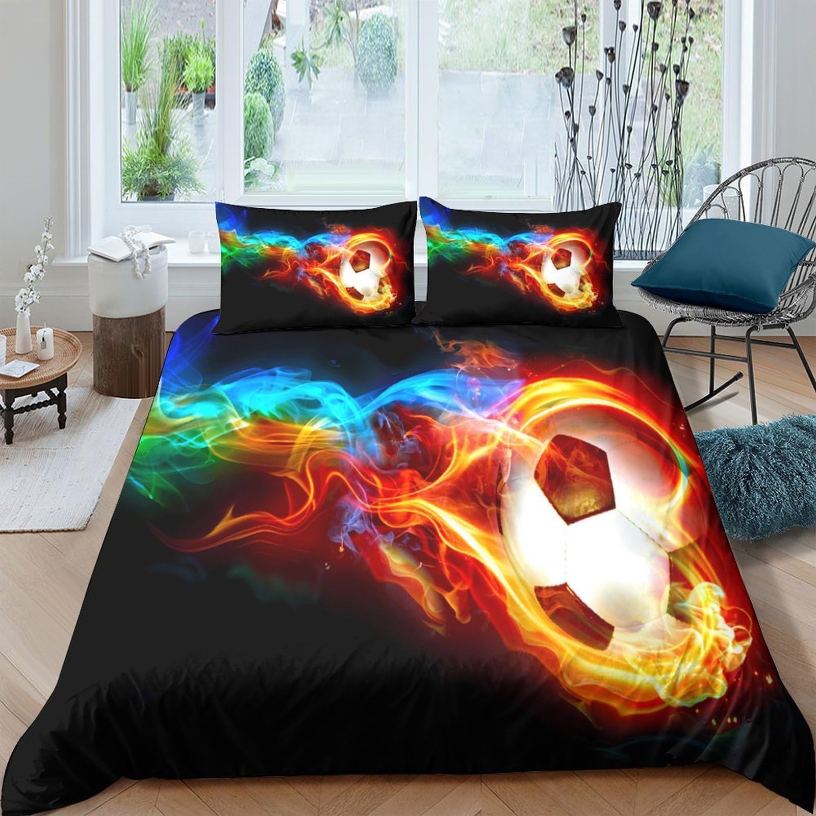 Ctjqhvkz Style-6 3D Printed Fire Soccer Fitted Sheet Microfiber Soft Vibrant Rainbow Ball Bed Cover For Bedroom Dorm Mattress Decor Single（135X200cm）